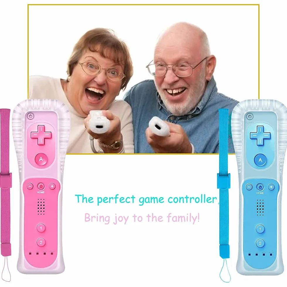 PGYFDAL Zestaw 2 klasycznych kontrolerów bezprzewodowych kompatybilnych z konsolą Wii U, gamepad z miękkim silikonowym rękawem i paskiem na nadgarstek (czerwony + niebieski + różowy + ciemnoniebieski)
