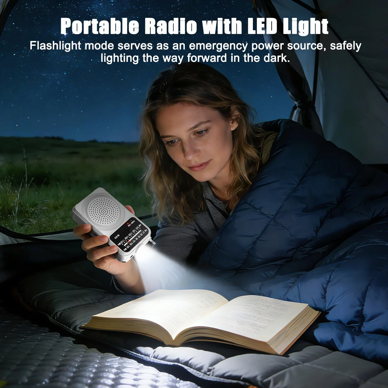 Tendak Mini przenośne radio FM AM z latarką, zasilanie bateryjne, głośny głośnik, białe