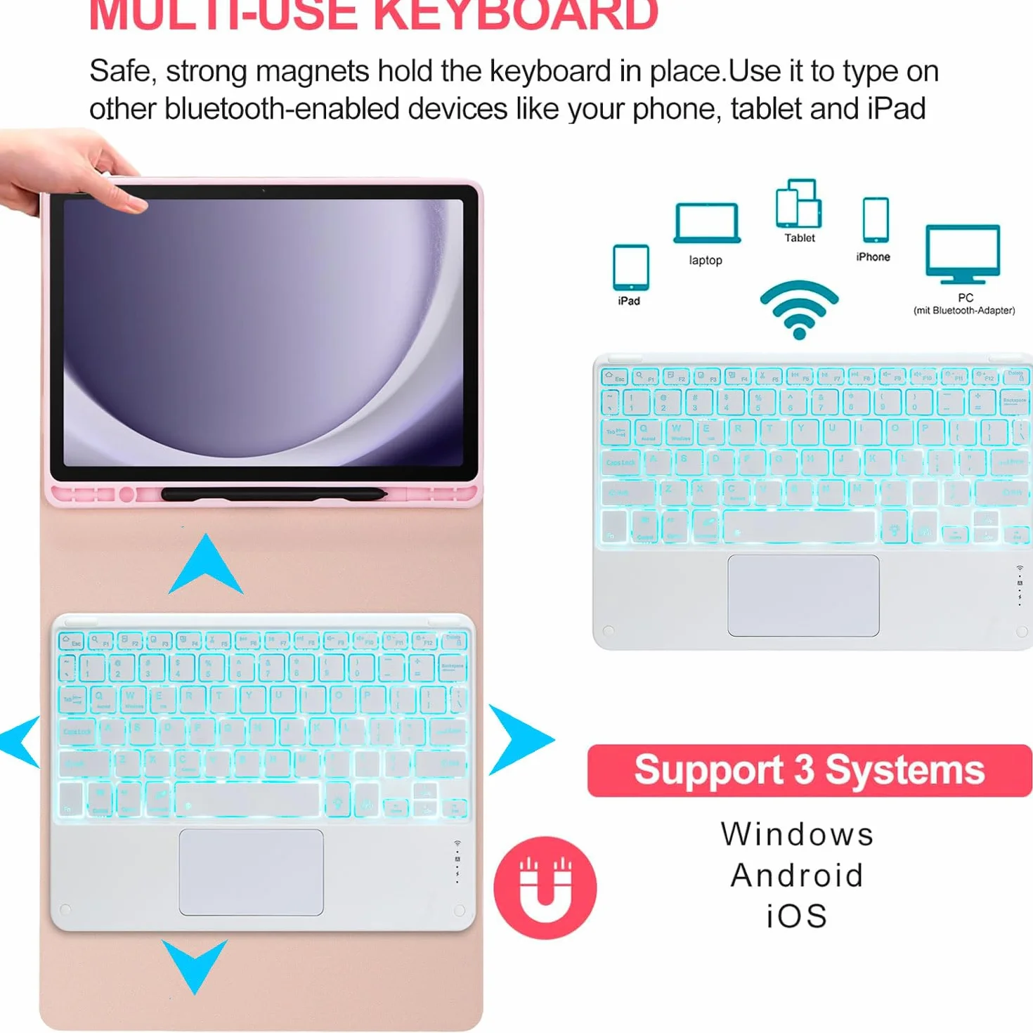 Keyboard Case for Samsung Galaxy Tab S9 FE 10,9 Cala/S9 2023/S8 2022/S7 2020 11 Cali, Z Touchpadem, Odłączana Bezprzewodowa, 7-Kolorowa Podświetlana Klawiatura Z Uchwytem Na Pióro S,Pink