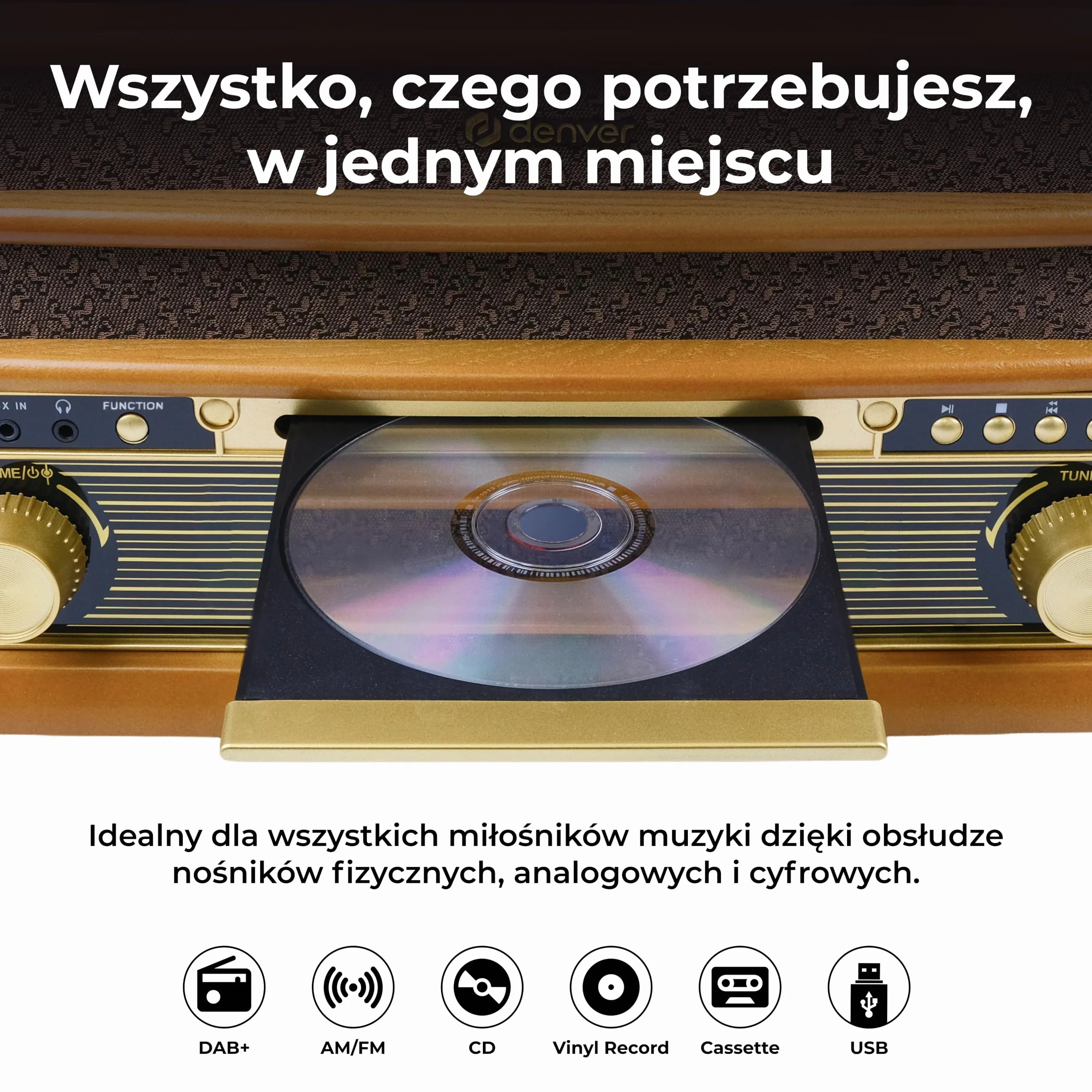 Denver MRD-51 DAB+, radio FM/AM z odtwarzaczem CD, kasetowym i gramofonem, wygląd drewna