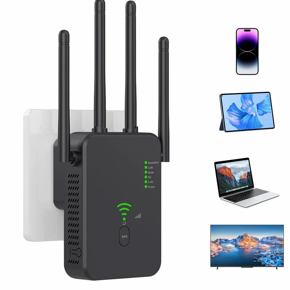 Wzmacniacz Wi-Fi, wzmacniacz sygnału WiFi, wzmacniacz sygnału WiFi, 2,4 GHz + 5 GHz WiFi Booster z repeaterem, kompatybilny ze wszystkimi routerami z 1 portem WAN, 1 portem LAN, obsługa WPS