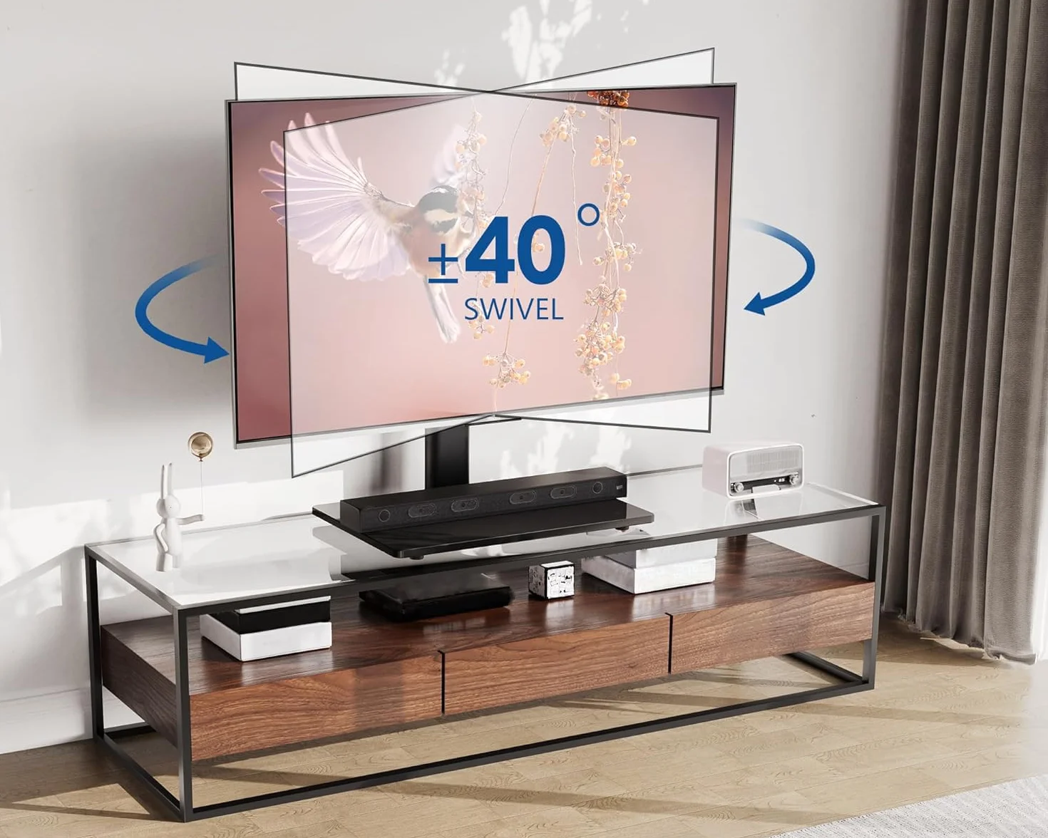 FITUEYES Uchwyt TV na stojaku TV do monitora od 32 do 65 cali Regulowana wysokość obrotowa ±40° Stojak TV Maksymalne obciążenie 40KG Max VESA 400x600 mm