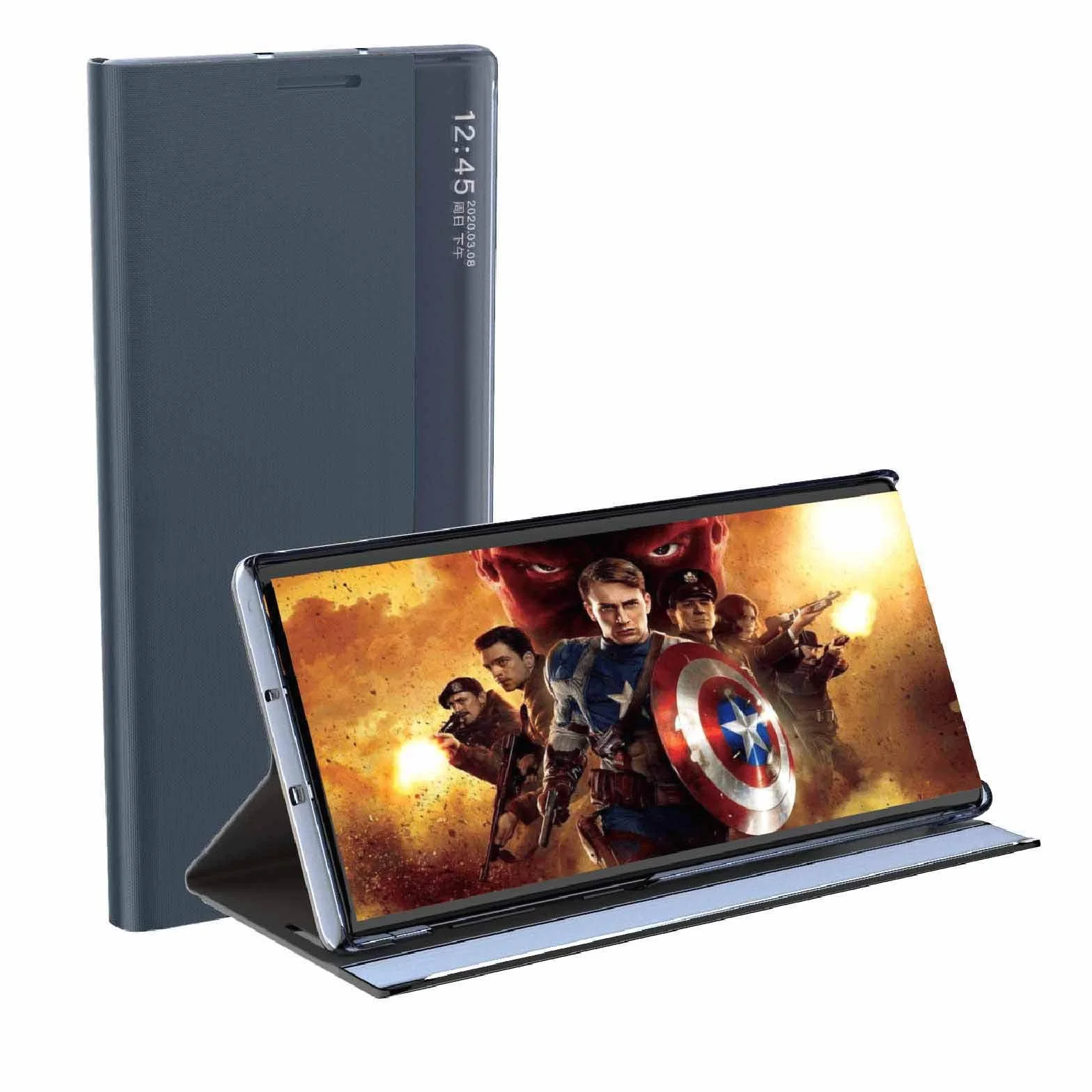 Etui LEYAN do Samsung Galaxy S21 5G, Premium skórzane etui z klapką z przezroczystym okienkiem, etui z klapką Smart View ze składanym uchwytem, granatowe