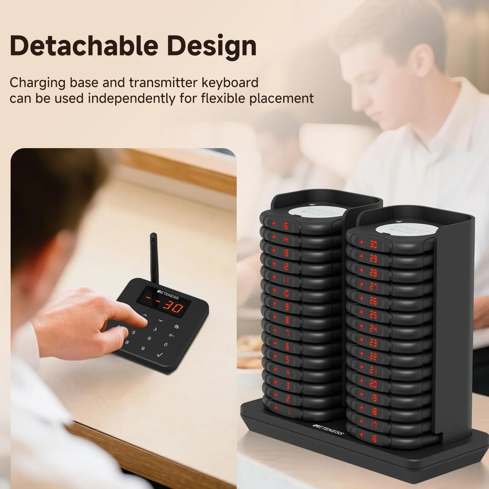 Retekess TD186 Bezprzewodowy System Przywoławczy, 30 Pagerów | Do Duża Restauracja, Klub, Największa 600M, Konstrukcja Antyprzewrotna, 300 mAh 24H, 64 Tryby Przypomnień, Plug and Play