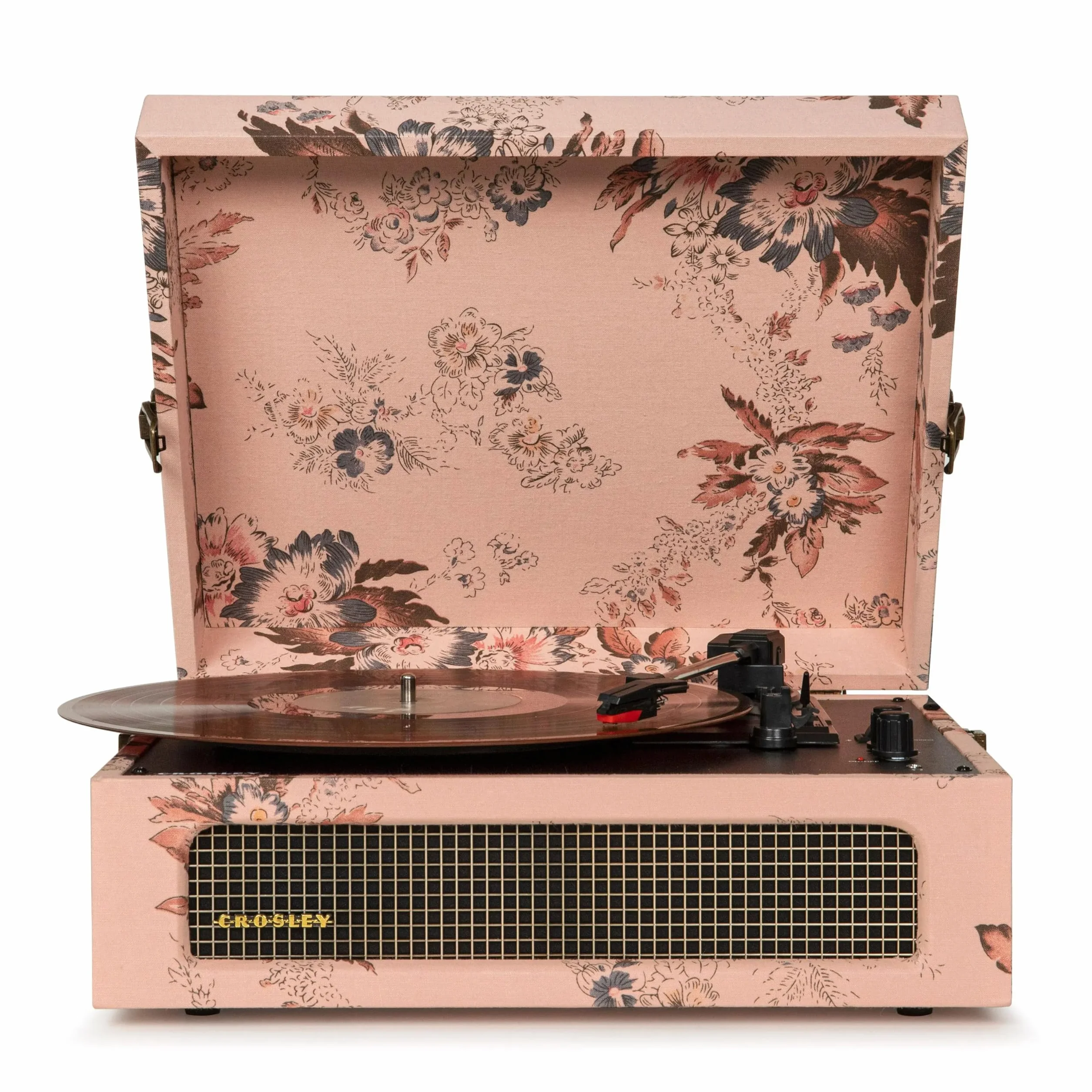 Crosley Voyager gramofon z 2 głośnikami, Bluetooth In&Out i AUX - 3-biegowy odtwarzacz Vintage - do płyt winylowych o przekątnej 7", 10" i 12", przenośny z wbudowaną obudową (kwiatowy)