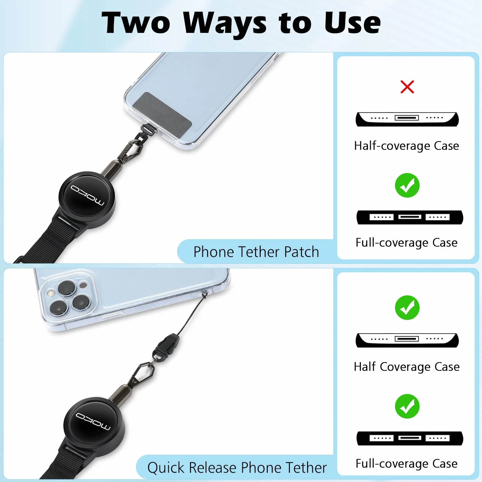 MoKo 2 Pack Anti-theft Phone Tether Lanyard, Retractable Phone Strap Keychain Steel Line Cellphone Lanyard with Locking Carabiner and Metal 360° Tether Tab for Outdoor Hiking Climbing Fishing, Black