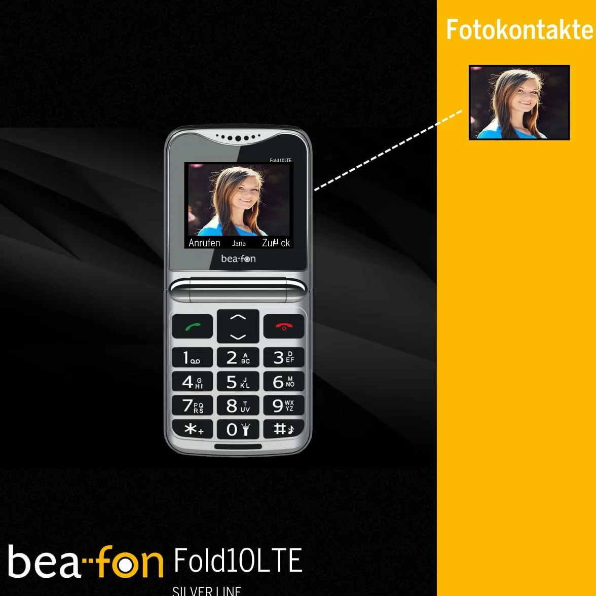 Beafon, Fold10 LTE, telefon z klapką, przycisk połączenia alarmowego SOS, kolorowy wyświetlacz wewnętrzny XL 2,2 (5,58 cm), kolorowy wyświetlacz zewnętrzny XL 1,44" (3,65 cm), wyświetlacz fotokontaktu