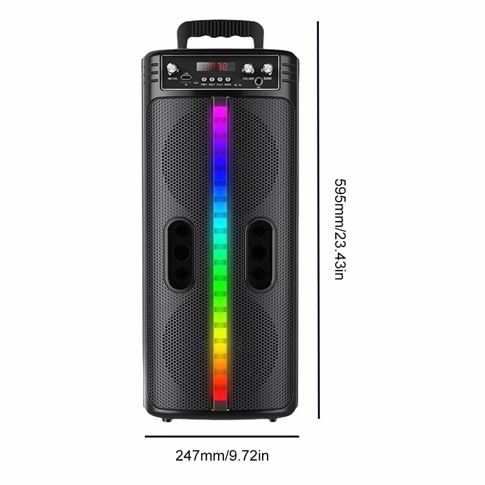 Głośnik Bluetooth ze zdalnym mikrofonem, podwójny subwoofer stereo system dźwiękowy, radio FM, kolorowe światła, przenośna podróż na świeżym powietrzu
