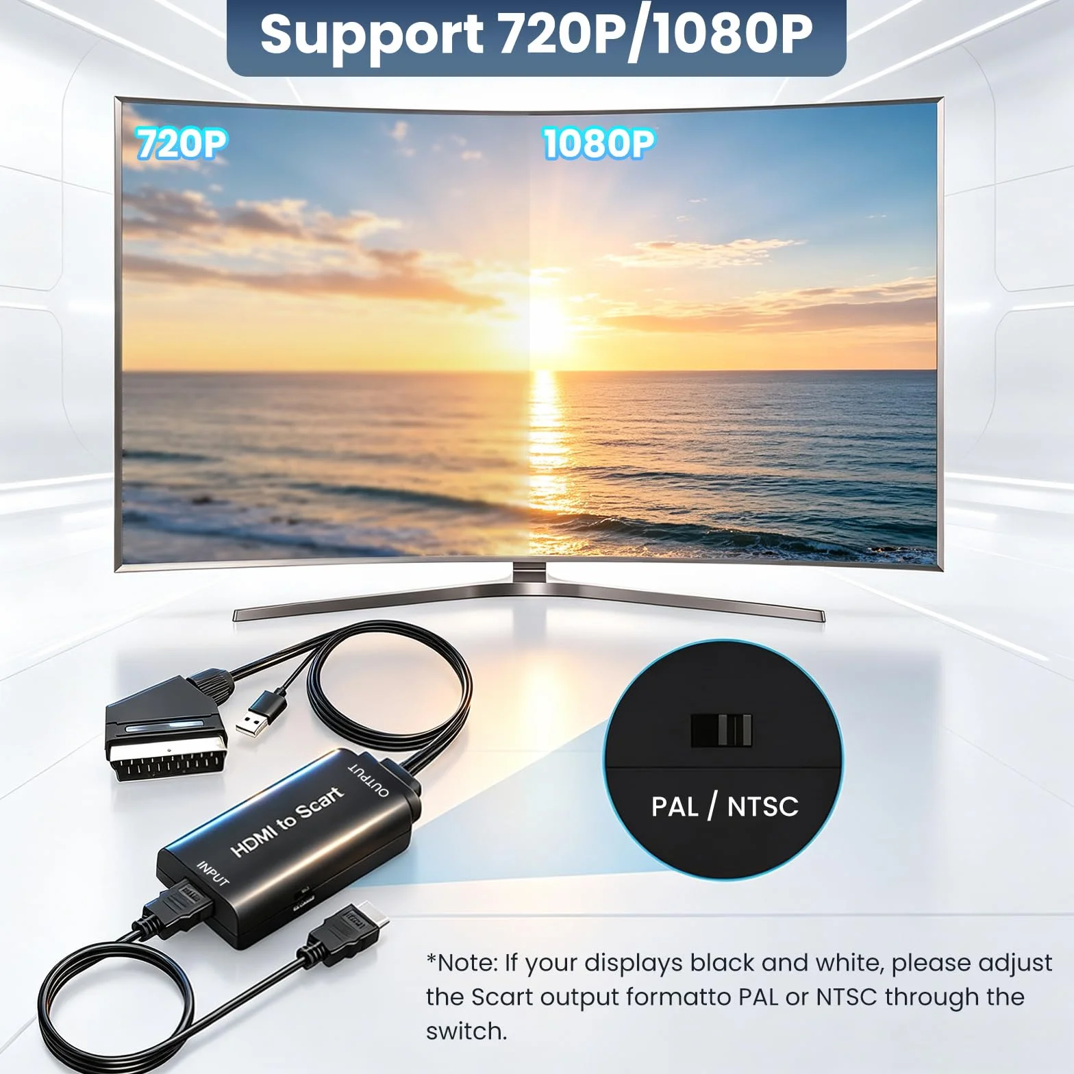 AMANKA Konwerter HDMI na Scart z Kablem - Adapter Full HD 1080P Video Audio do HDTV, STB, VHS, Xbox, PS3, Sky, DVD, Blu-ray