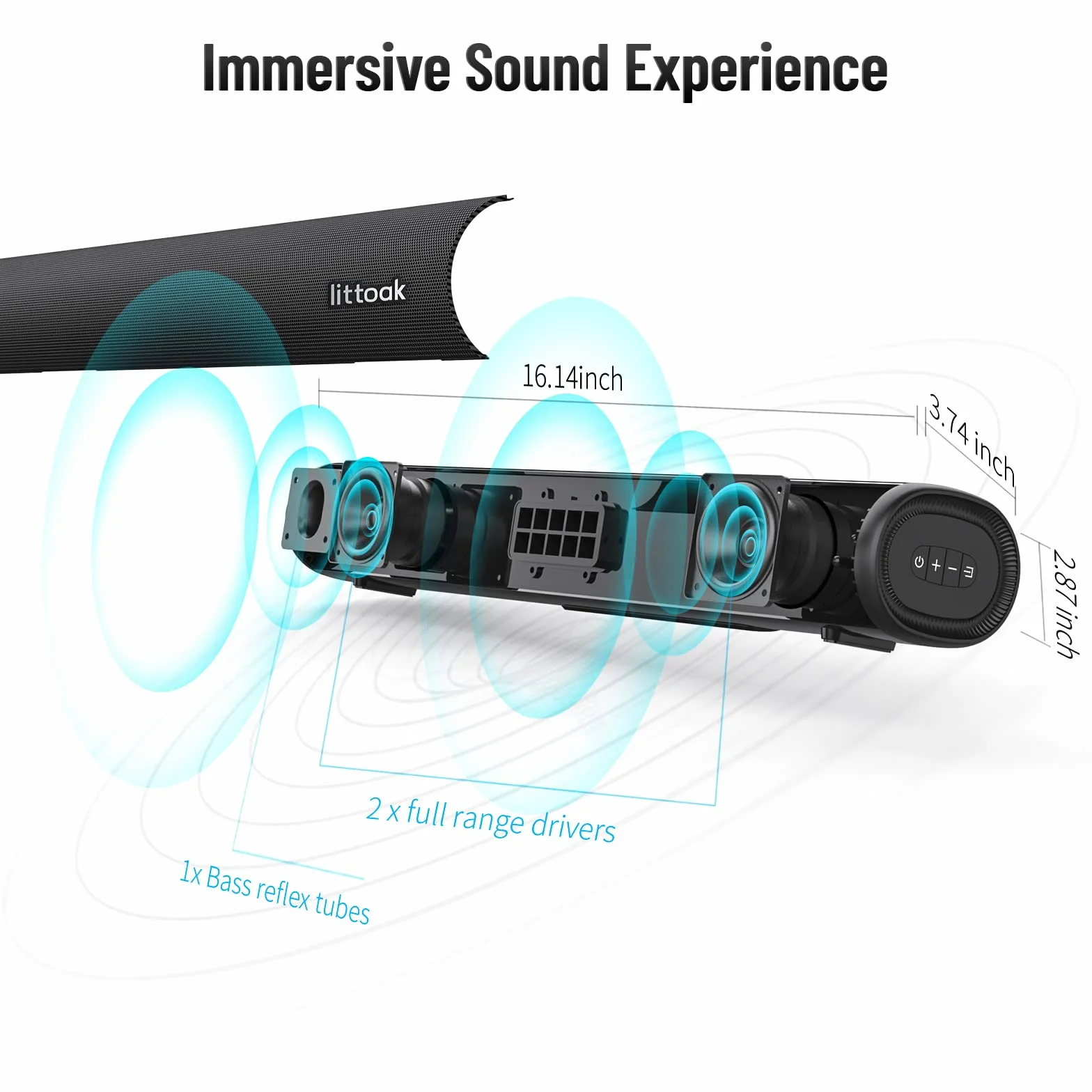 LITTOAK Listwa dźwiękowa do telewizora, BT 5.0, soundbar, 50 W, 40 cm, do domowego audio, gier, projektorów, głośników telewizyjnych, obsługuje złącze HDMI ARC/Optical/RCA/USB/AUX, do montażu na