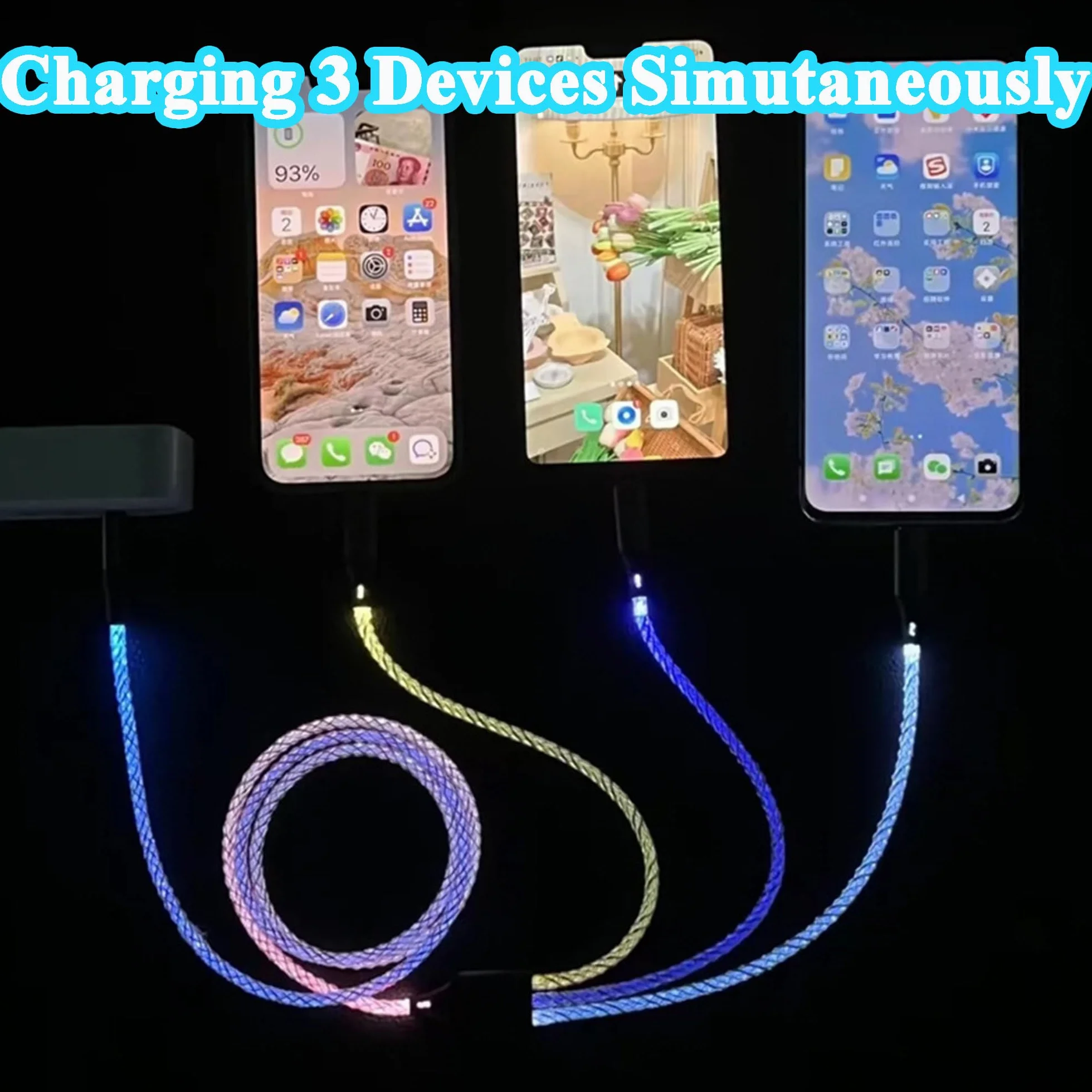 66 W 3 w 1 podświetlany kabel do ładowania LED, świecący przewód do szybkiego ładowania RGB, kabel micro USB do telefonu, Samsung Galaxy, Huawei, Android, Sony Xperia (4FT)