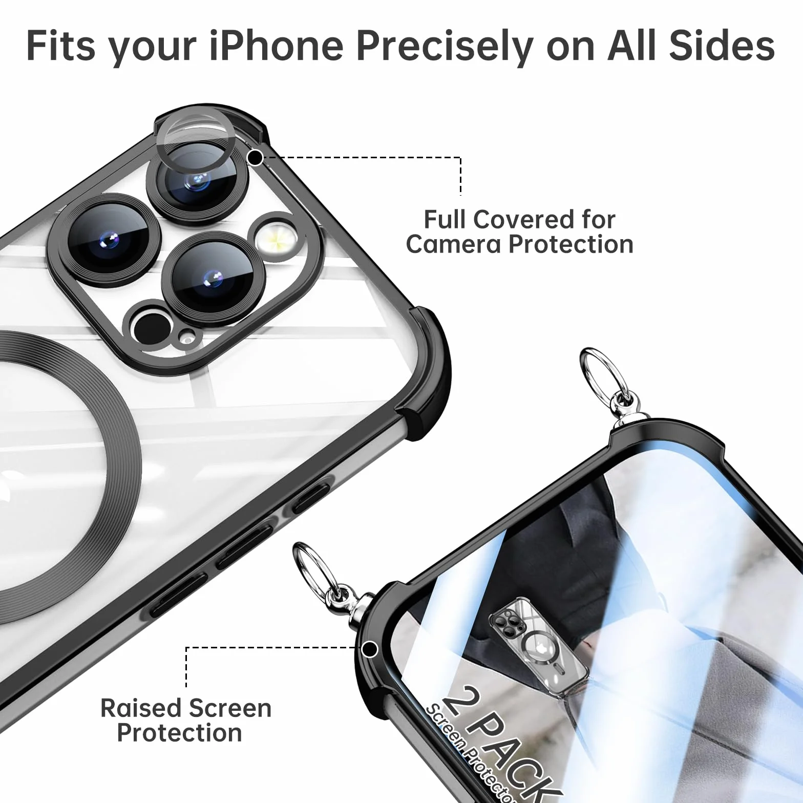 GOODVISH Etui na telefon komórkowy iPhone 14 Pro Max, z 2 sztukami folii ochronnej, etui na telefon komórkowy z łańcuszkiem do 14 Pro Max 6,7", magnetyczne, przezroczyste, delikatne etui, ochrona 360°