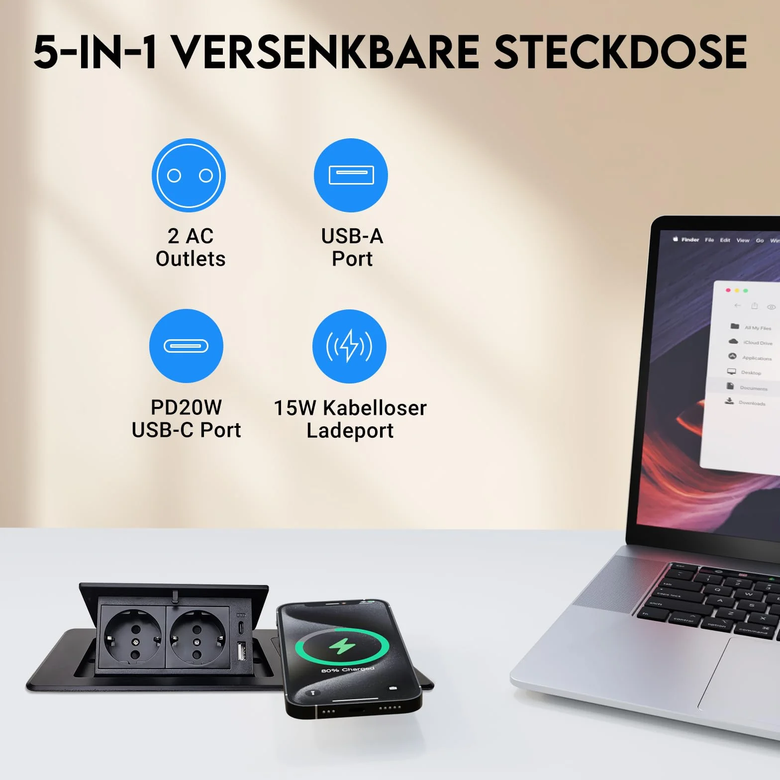 Wysuwane gniazdko elektryczne, 2-krotne, PD20 W, szybkie ładowanie, USB C, z bezprzewodową ładowarką 15 W, do blatu roboczego, biurka