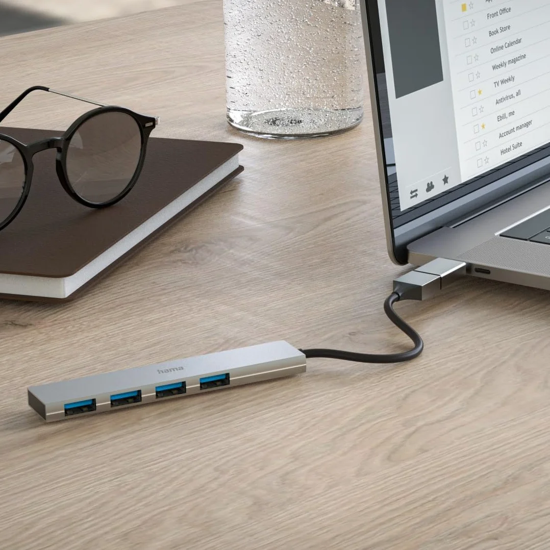 Hama hub USB A (4x USB-A, adapter USB C, USB 3.2, PD, power delivery, 5 Gbit/s, 100 W, ultra slim, stacja portów, rozdzielacz, multiport) antracyt