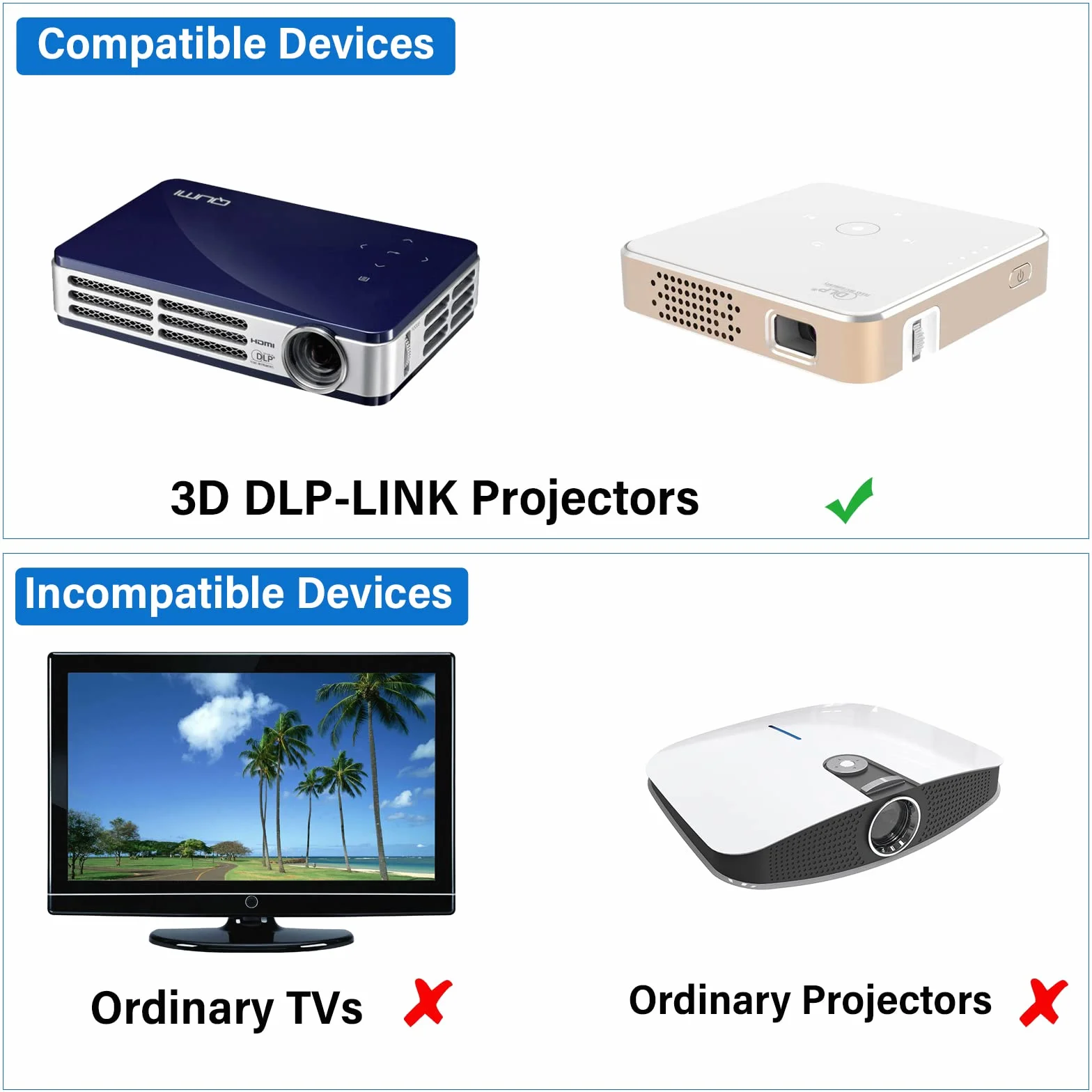 Toumei Okulary 3D, Akumulator Active Shutter Okulary 3D DLP Link kompatybilne z Acer BenQ Optoma Viewsonic Philips LG Infocus NEC Jmgo Vivitek Cocar Toumei - 2 sztuki