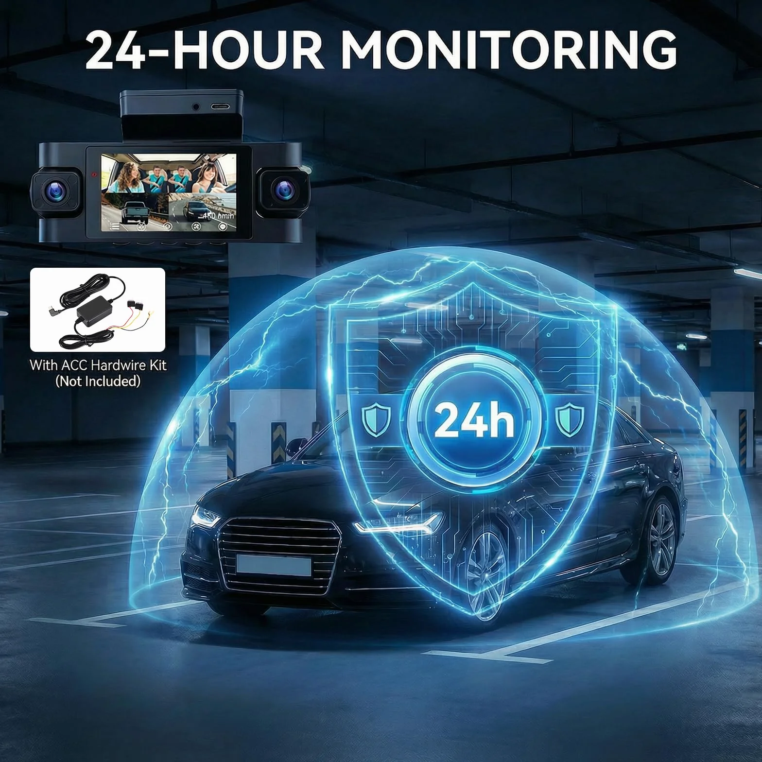 Kamera samochodowa 360 stopni, 4-kanałowa kamera przednia retro i wewnętrzna z GPS i 5G WiFi, 2K + 3 x 1080P, 3-calowy ekran IPS, noktowizor, tryb parkowania 24/7, czujnik G
