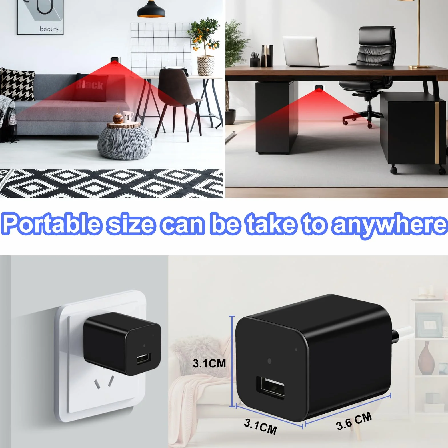 TANGMI Kamera szpiegowska, ładowarka USB / adapter mini ukryta kamera szpiegowska, nagrywanie wideo HD 1080P mikro kamera szpiegowska z wykrywaniem ruchu i nagrywaniem w pętli