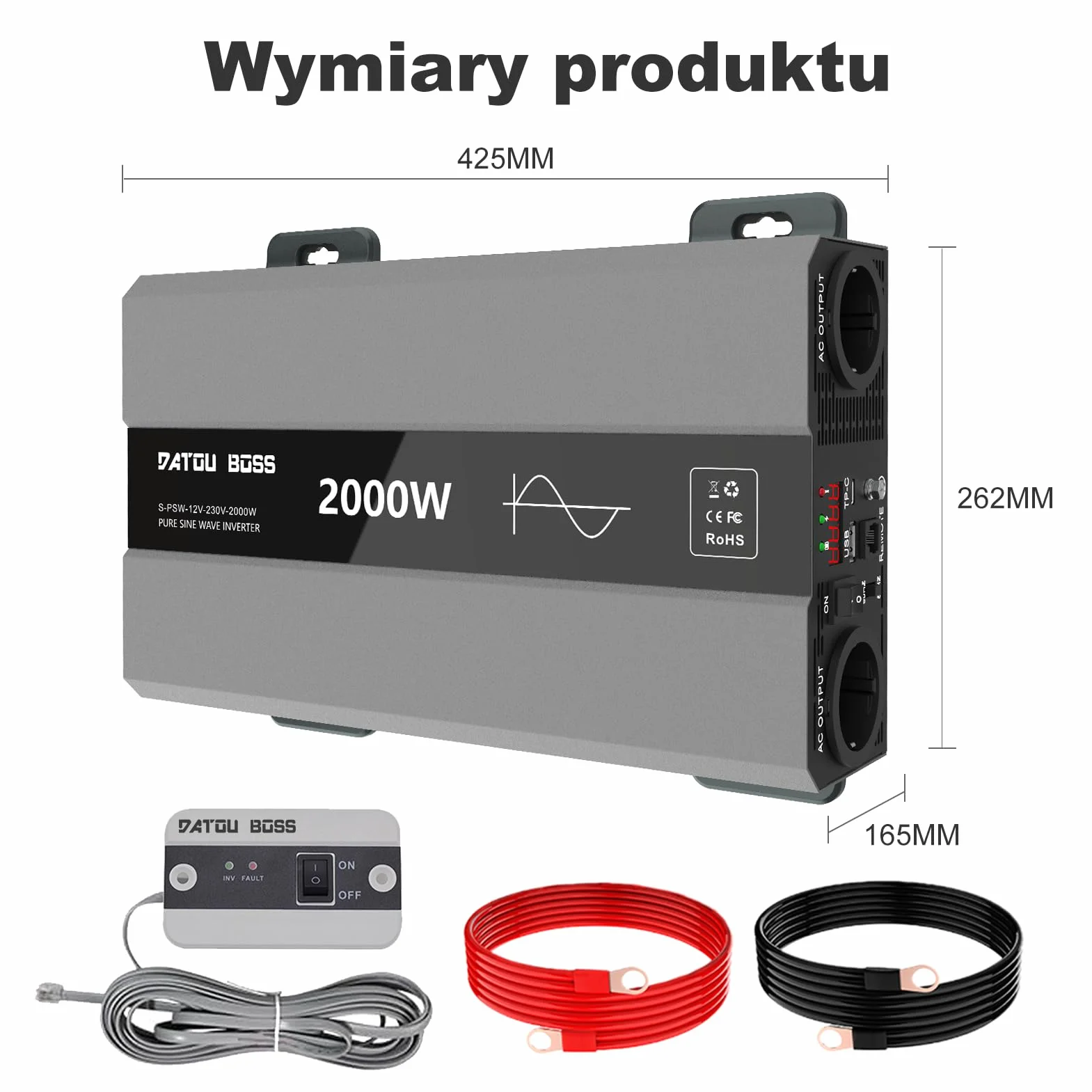 DATOUBOSS Przetwornica 12v 220v/230v Czysty Sinus 2000w, Konwerter Samochodowy Falownik Z 2 Gniazdami Eu, Wyjściem USB/USB-C I Wyświetlaczem LCD, Do Samochodów Kempingowych, Ciężarówek, Kempingów