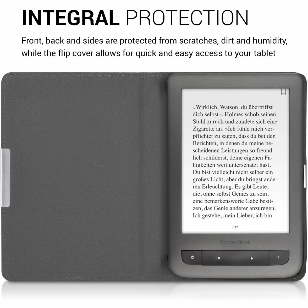 kwmobile Etui do Pocketbook Touch Lux 3/Basic Lux/Basic Touch 2 - etui ochronne z skóry PU i płótna do czytnika e-booków typu folio - szary/czarny