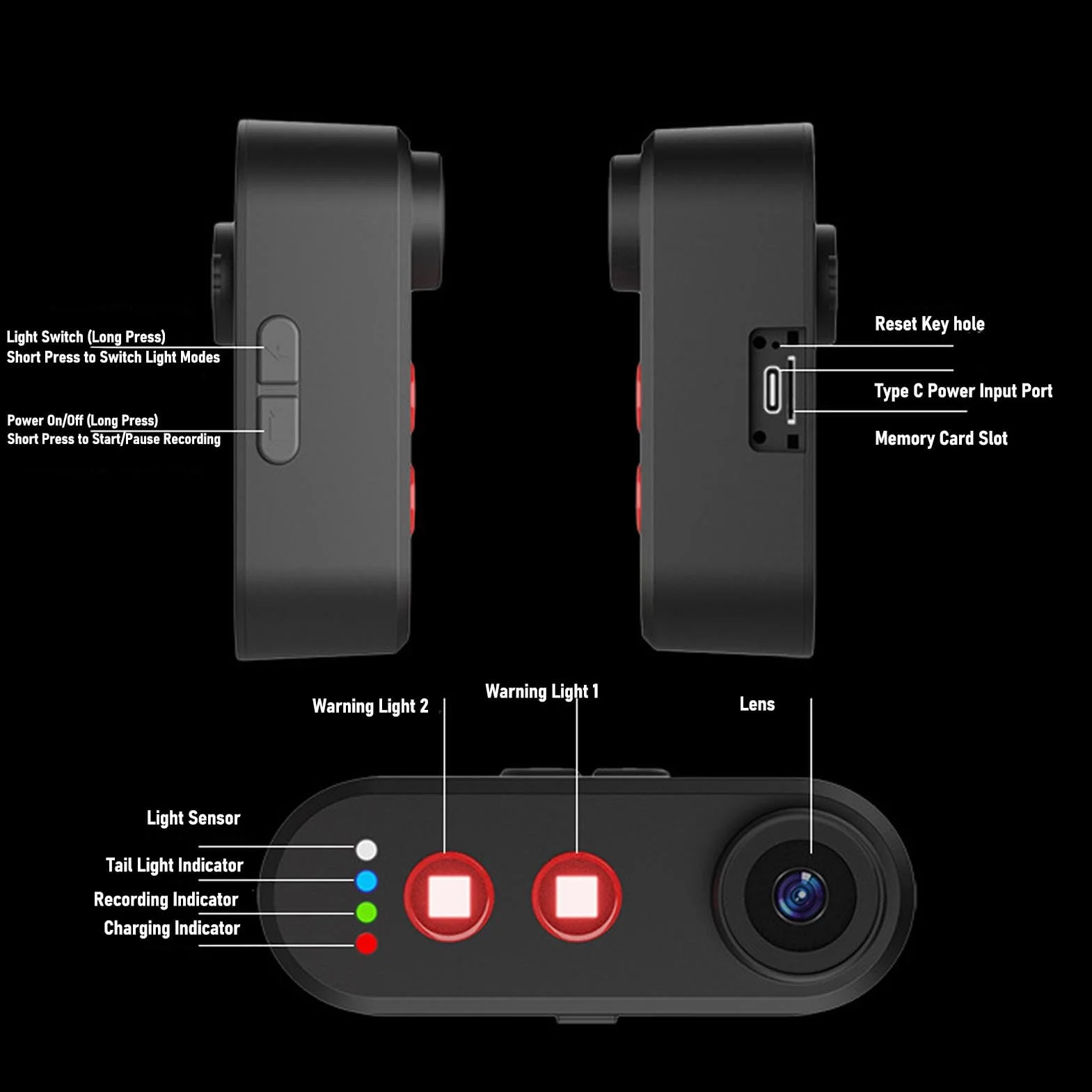 Bewinner Kamera Rowerowa z Ogonem światła, Sportowy Aparat Akcji 1080p, App Control Outdoor Cycling Outhling Oll -View z Mocowaniem, Odporny na wodę IPX6, Kąt Szerokości 140 °