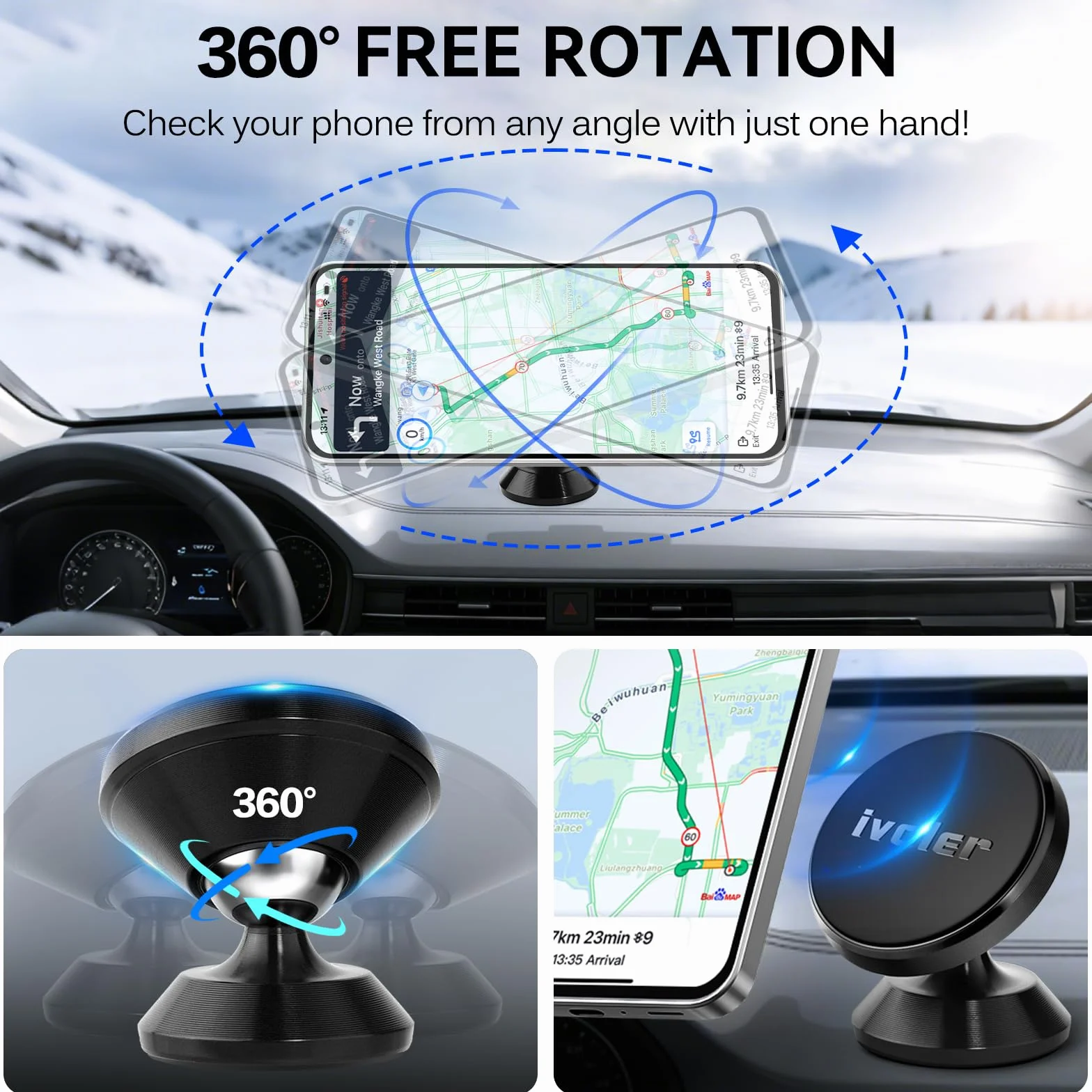 ivoler Uchwyt samochodowy na telefon, zestaw 2 sztuk, uniwersalny uchwyt samochodowy na telefon o 360°, przenośny magnetyczny magnes samoprzylepny do smartfona, kompatybilny z telefonami lub