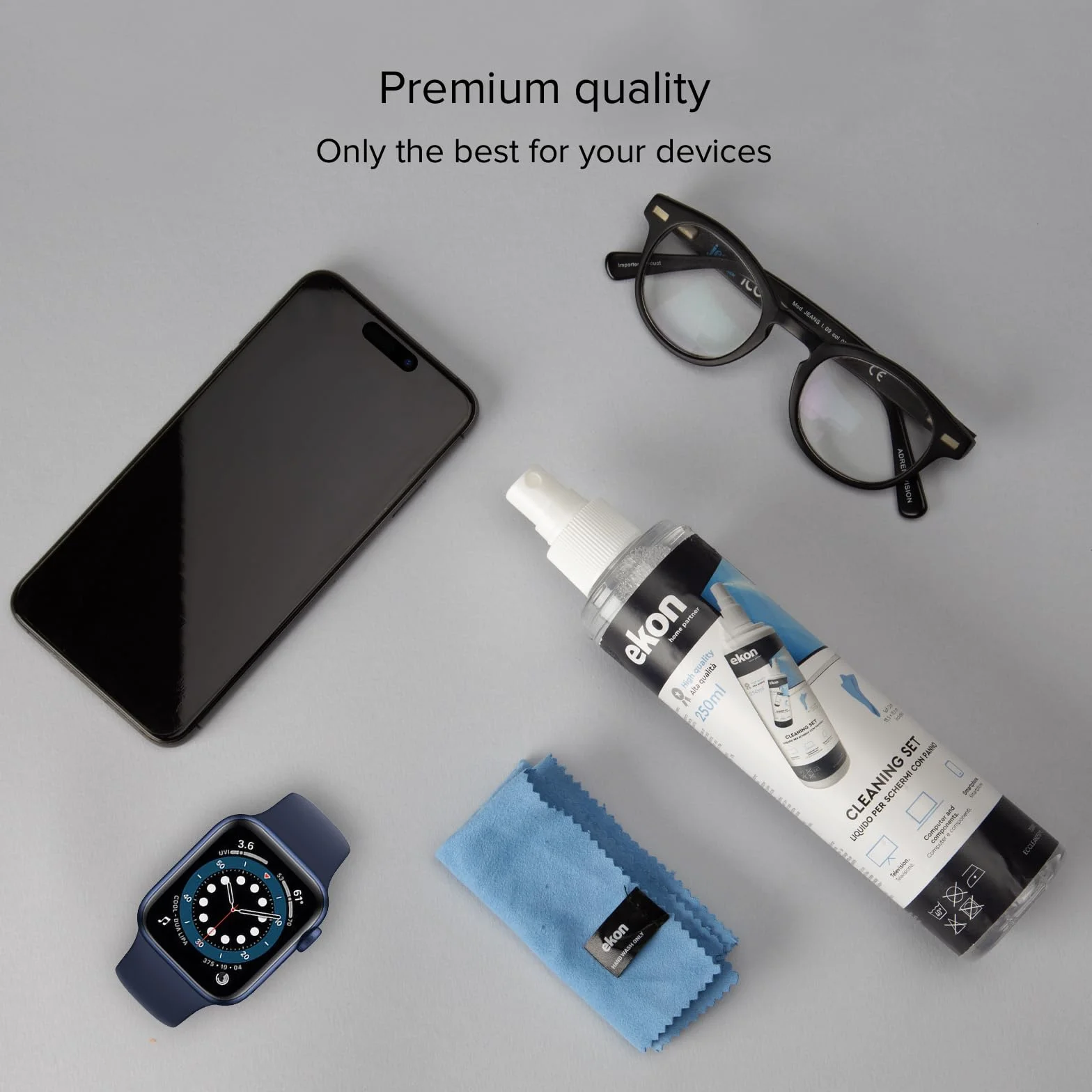 Ekon Spray do Ekranów z Mikrofibrową Ścierką, 250ml, Zestaw Do Czyszczenia Monitorów, Laptopów, Kamer, Kamer Wideo, MacBook, TV, Smart TV, Smartfonów, Tabletów