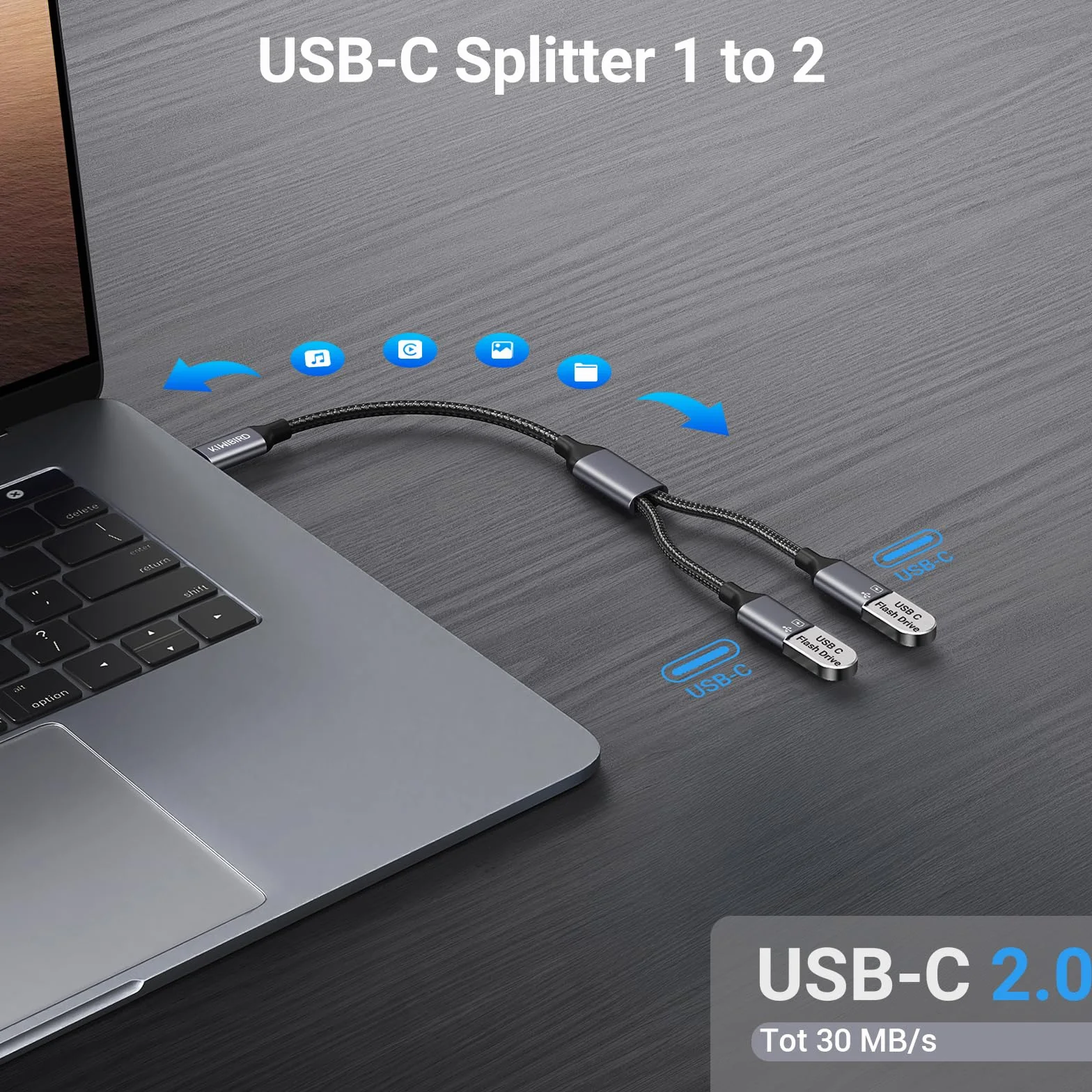 KiWiBiRD Rozdzielacz USB C, 1 męski Typu C do 2 żeńskich adapterów USB C ładowania i przedłużający danych kompatybilny z laptopem Mac PS5 pamiec przenosna klawiatury myszki drukarki