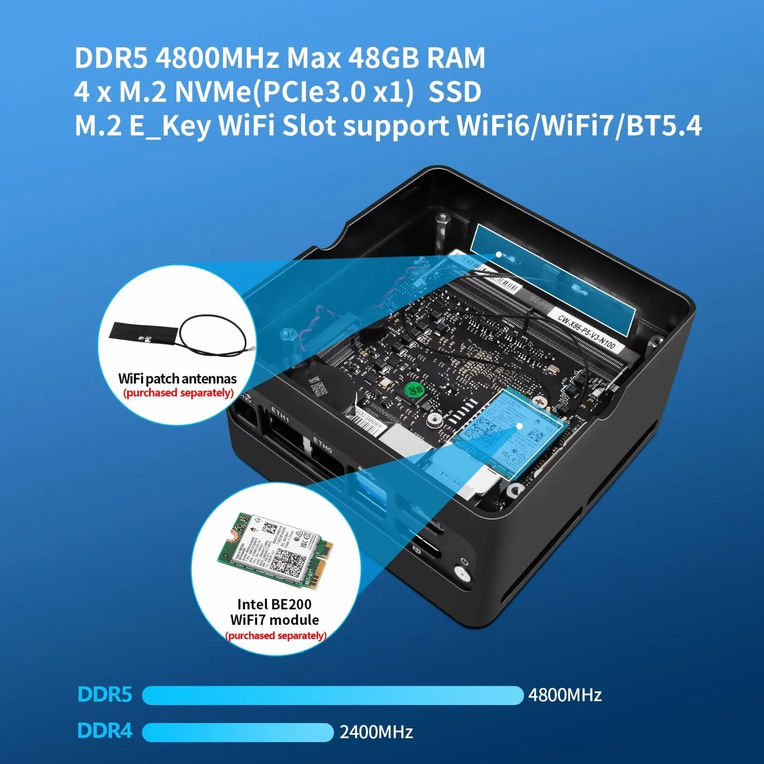 SJRC 4 Bay NAS Mini PC N200, 4 x NVMe Micro NAS Server do komputera stacjonarnego, 2 x i226-V 2,5 GbE LAN Network Attached Storage with USB 3.2, obsługa WiFi7/BT5.4, bez barebone RAM/SSD/OS