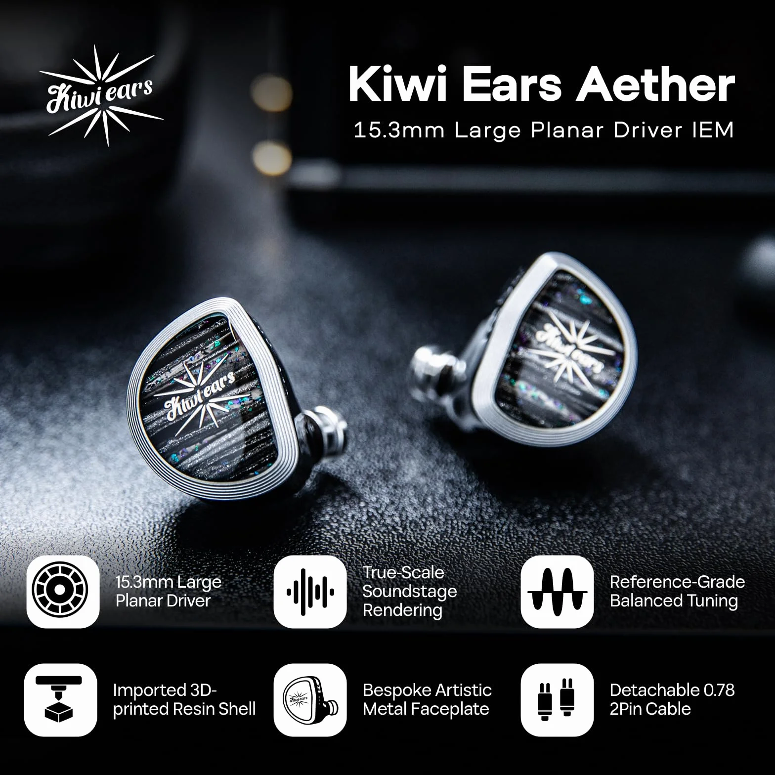 Linsoul Kiwi Ears Aether słuchawki douszne, 15,3 mm duży płaski przetwornik IEM, przewodowe słuchawki HiFi, słuchawki do gier z odłączalnym kablem 2Pin dla profesjonalnych muzyków i audiofilów
