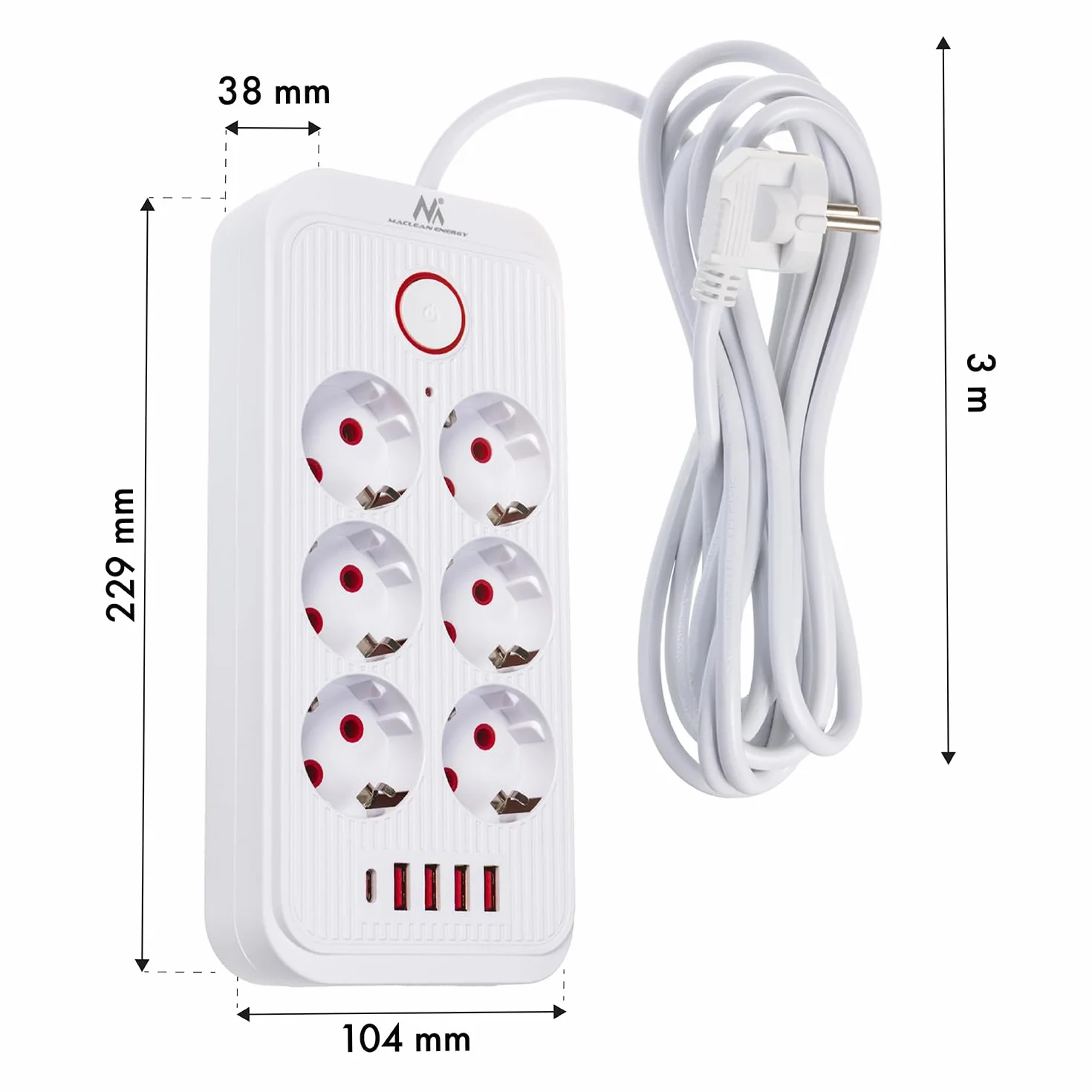 Maclean MCE389/391 Listwa zasilająca | 6 gniazdek 4xUSB 1xUSB-C 2500 W | przedłużacz biurkowy z wyłącznikiem | porty pod kątem 45° | montaż na ścianie (Biały, 6 gniazd + 4xUSB / 3m)