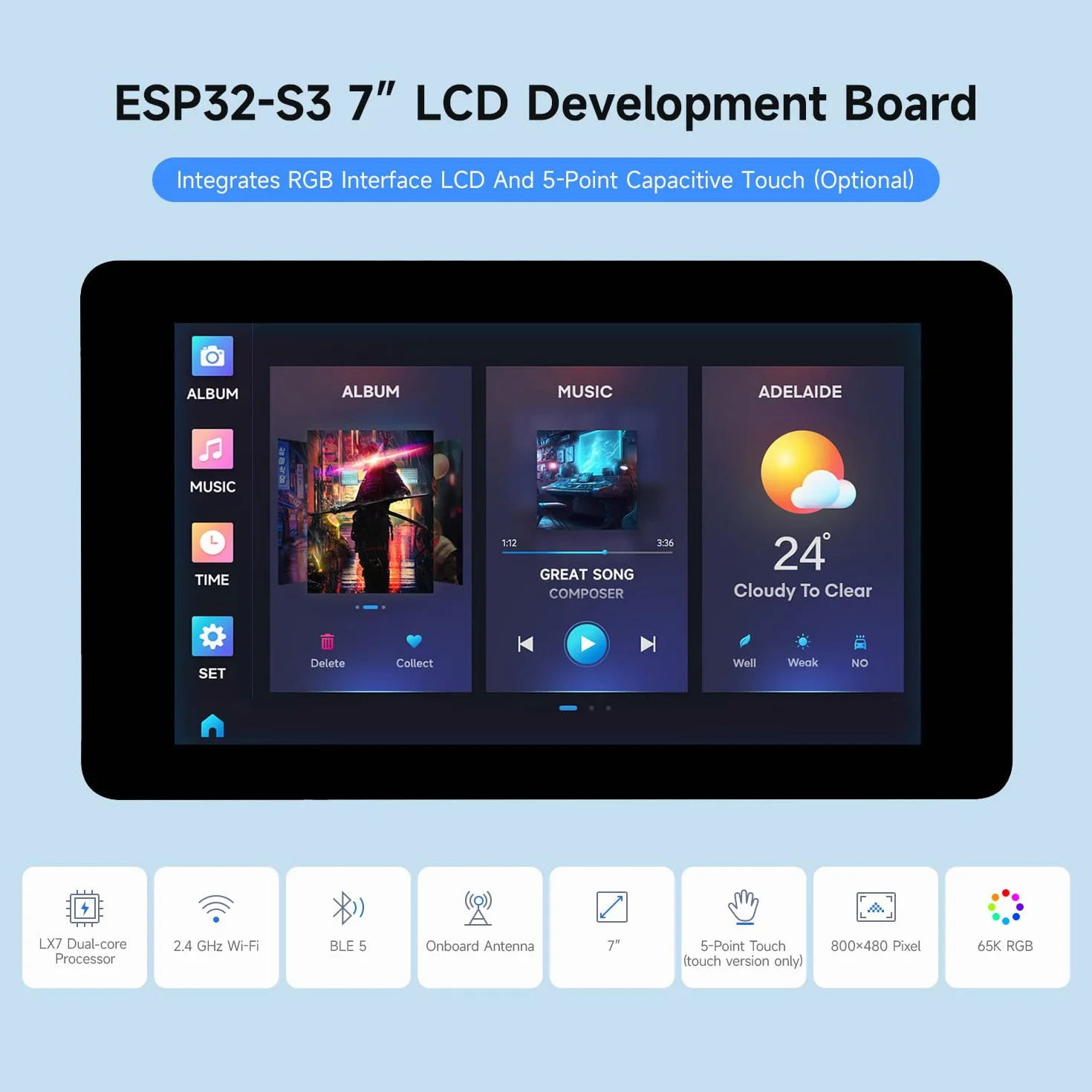 Waveshare ESP32-S3 7inch Capacitive Touch LCD Development Board, ESP32 with Display, 800x480, 5-Point Touch, 240MHz, Supports WiFi, Onboard Antenna, Suitable for ESPHome/Home Assistant Project
