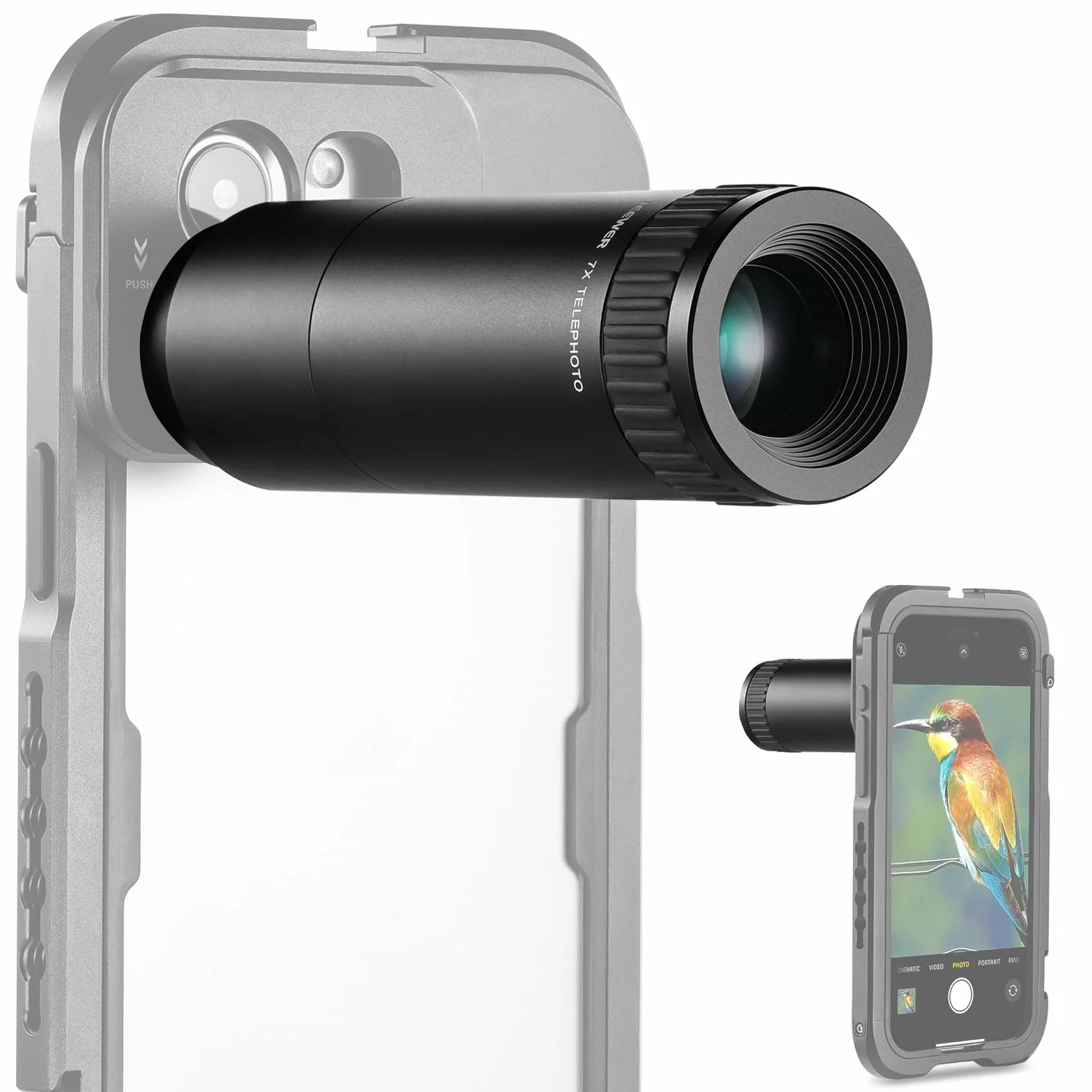 NEEWER Teleobiektyw HD tylko do tylnej płyty z gwintem 17 mm, 7-krotne powiększenie, obiektyw aparatu telefonu z 15 elementami, 12 grup, kompatybilny z SmallRig Neewer iPhone Samsung Cage z adapterem
