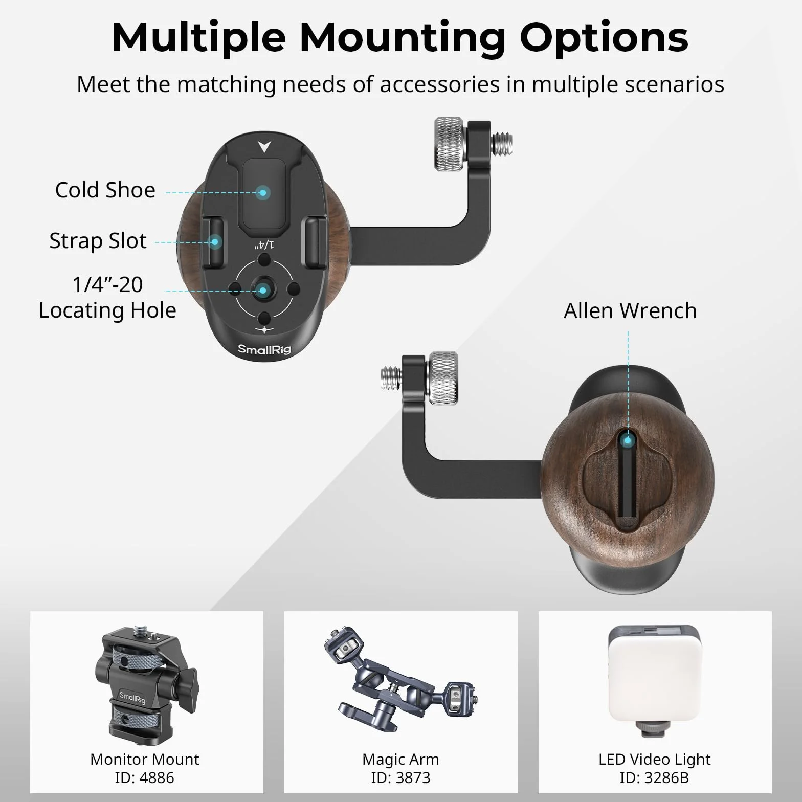 SMALLRIG Drewniany uchwyt boczny do klatek kamerowych z otworami gwintowanymi 1/4"-20, ergonomiczny uchwyt po lewej lub prawej stronie, regulacja pionowa 28 mm / 1,1 cala, udźwig 15 kg / 33,1-5237