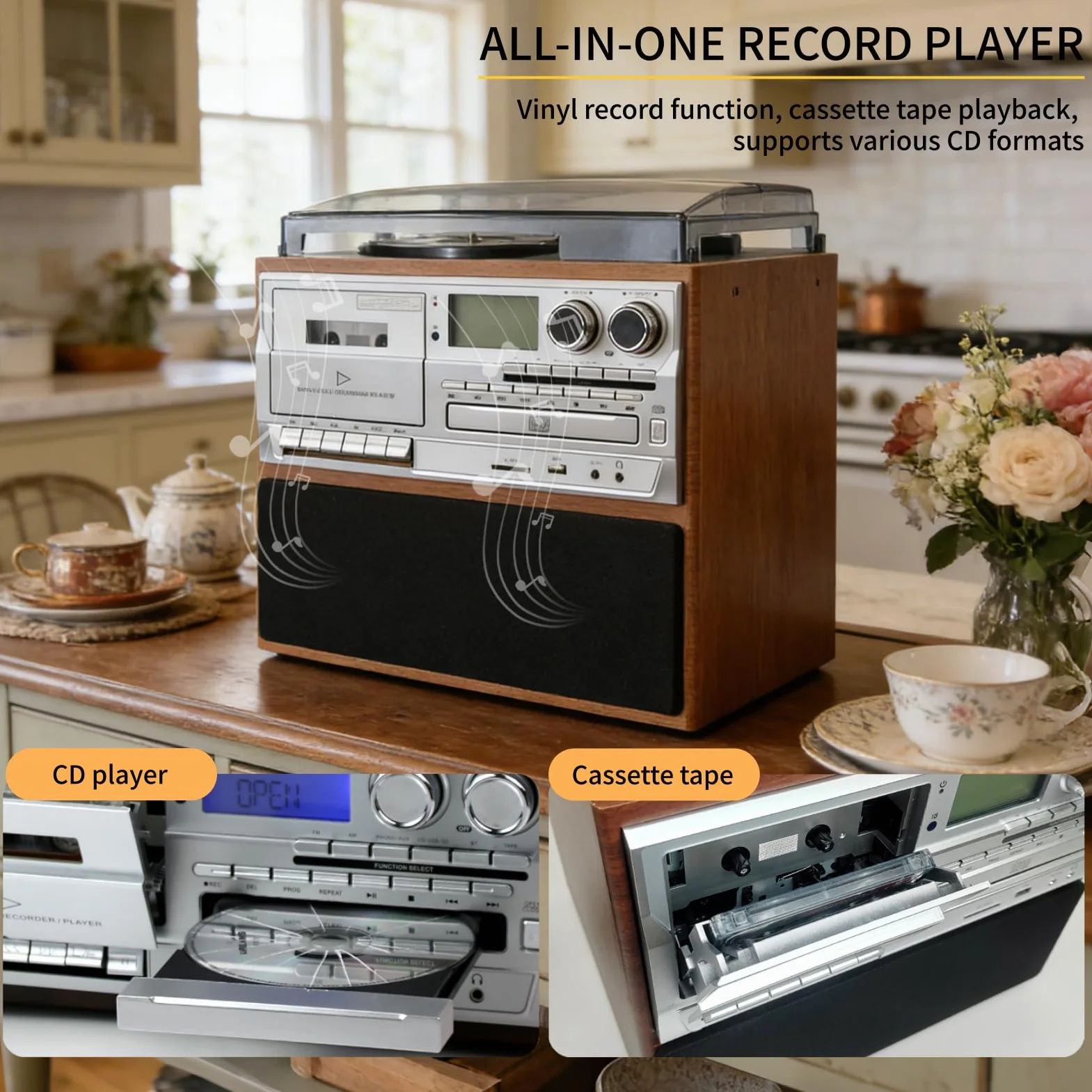 Gramofon i centrum multimedialne, 3-biegowy gramofon z wbudowanym odtwarzaczem CD i kasetowym, radio FM, bezprzewodowe przesyłanie muzyki, do domowej rozrywki w stylu vintage