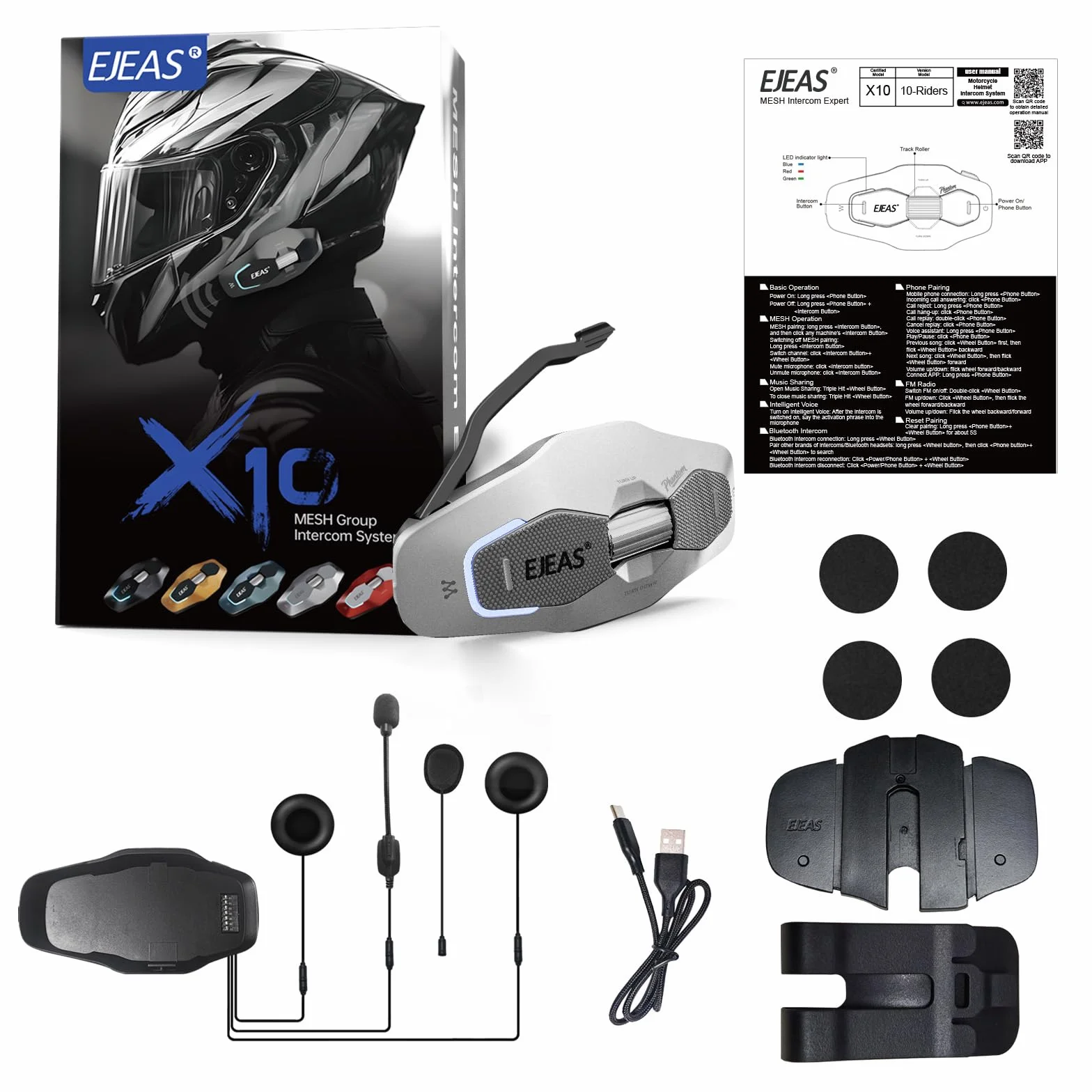 X10 kask motocyklowy zestaw słuchawkowy Bluetooth, 10 Riders Mesh 4.0, interkom motocyklowy, systemy komunikacji z udostępnianiem muzyki, podwójna redukcja szumów, asystent głosowy, IP67