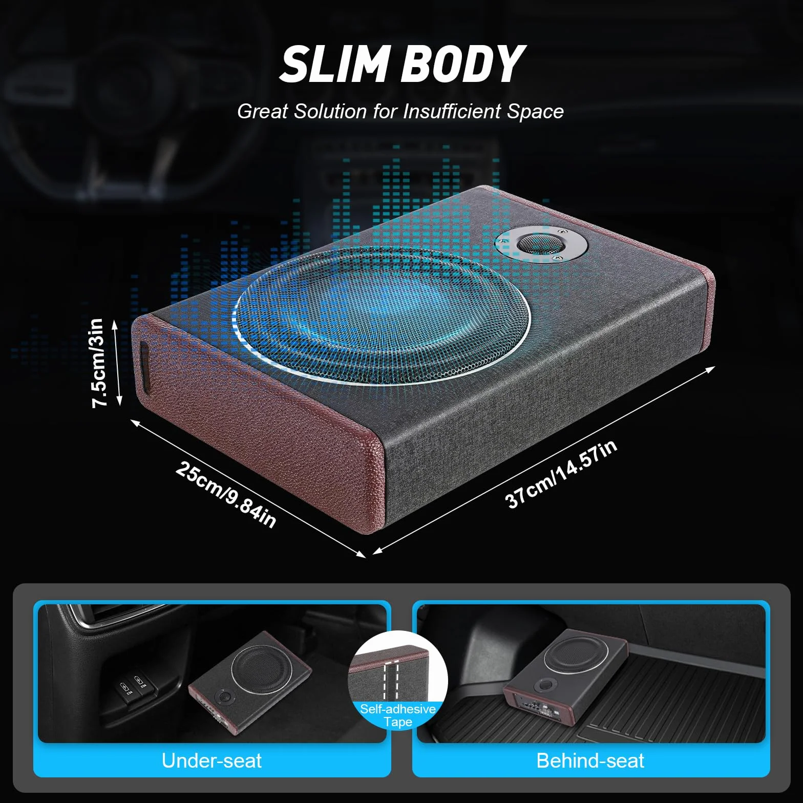 Subwoofer samochodowy wzmacniający, 8-calowy aktywny subwoofer o mocy 600 W, osłona głośnika, zapięcie na rzepy na spodzie do samochodów dostawczych, jeepów, SUV-ów, samochodów sportowych itp