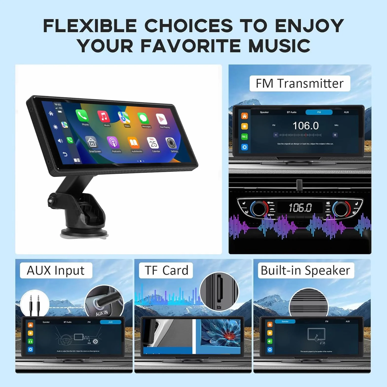 Bezprzewodowy Samochodowy Zestaw Stereo o Przekątnej 10,26 Cala do CarPlay dla Systemu Android, Przenośny Odtwarzacz Multimedialny z Ekranem Dotykowym IPS i kamerą Cofania 1080p,