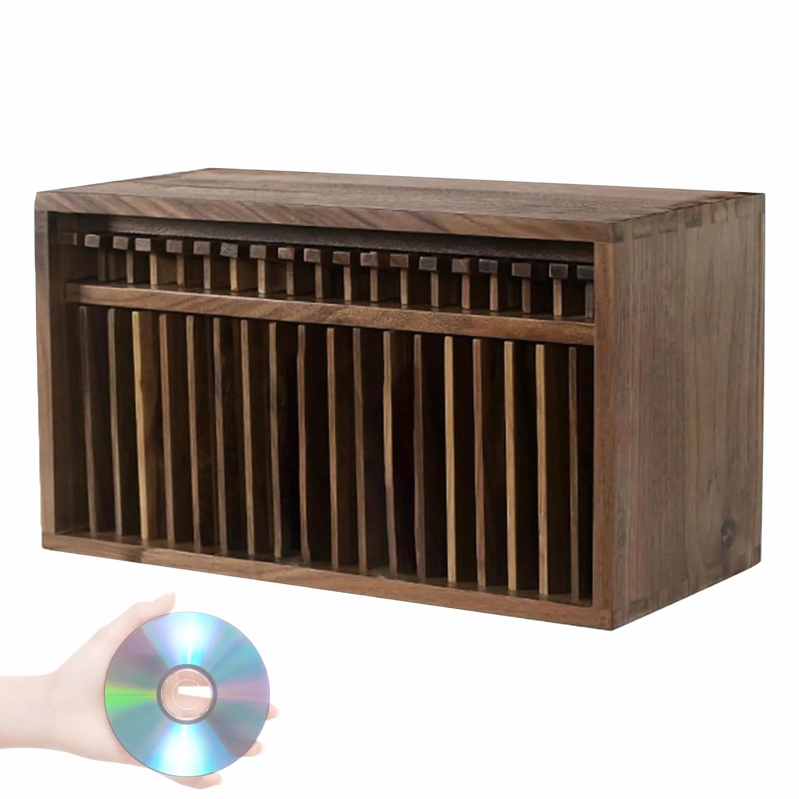 Wyskakujący stojak do przechowywania płyt CD, drewniany stojak na album z wygodnym wyskakującym przyciskiem, pojemność 19 płyt CD, organizer na DVD w stylu vintage, do sali teatralnej, dekoracji