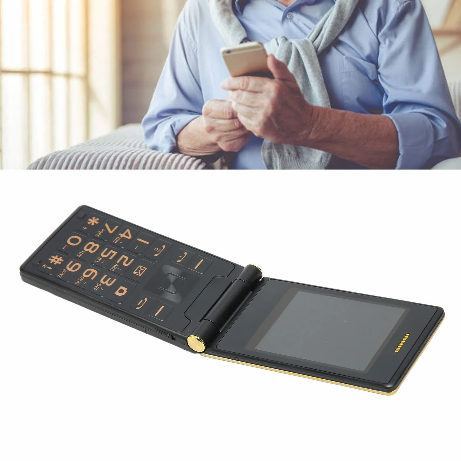 Odblokowany Telefon Komórkowy Sieć 2G z klapką Duże Przyciski Starszy Telefon Komórkowy Podwójny Ekran 3-calowy Ekran Główny (GOLD)