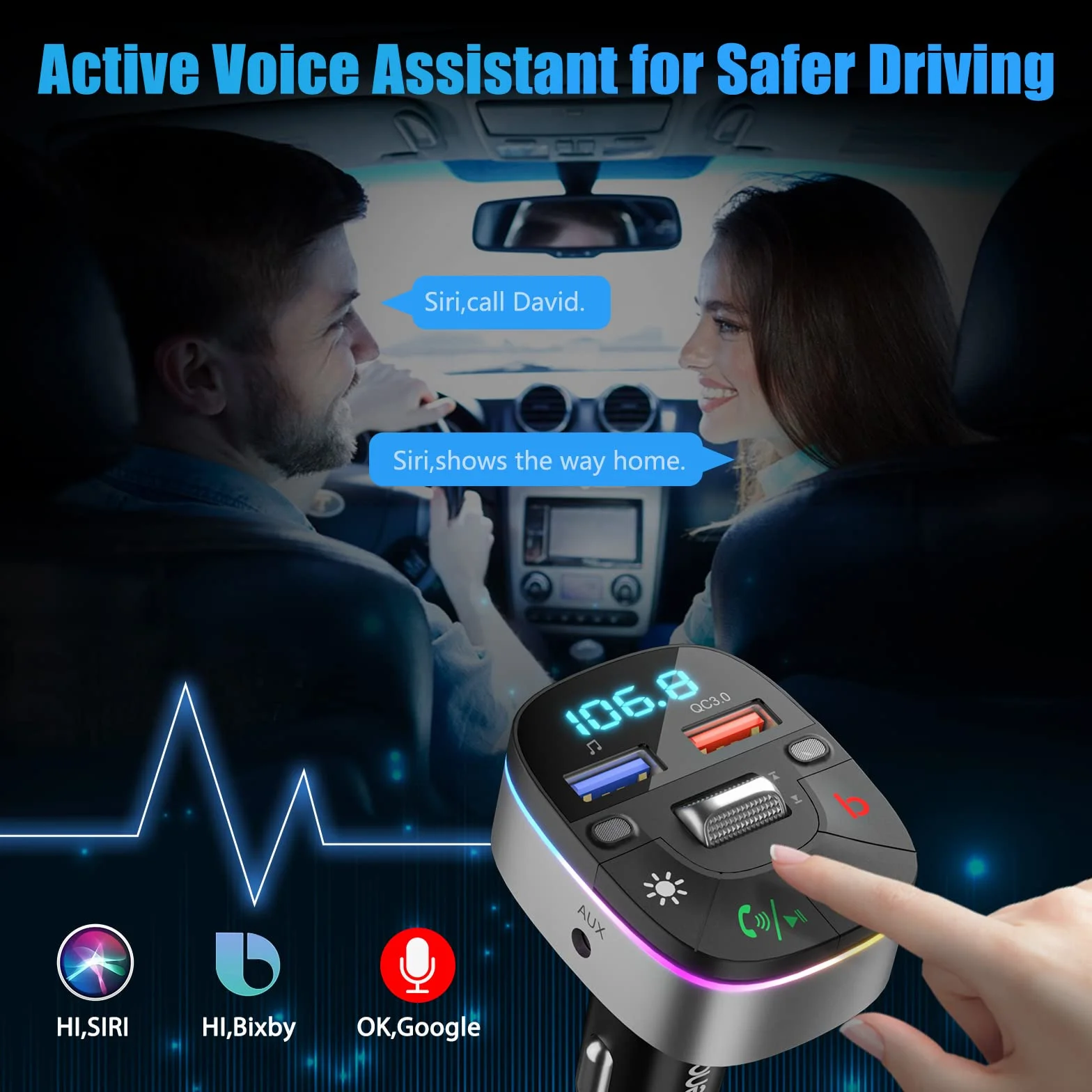 LENCENT 5.0 Samochodu Nadajnik FM Bluetooth, Bezprzewodowy Adapter Radiowy z QC3.0 ładowarka Fast USB, Adapter Radiowy Bluetooth AUX, Zestaw Głośnomówiący, MP3, Obsługuje dysk U, Kolorowe światło