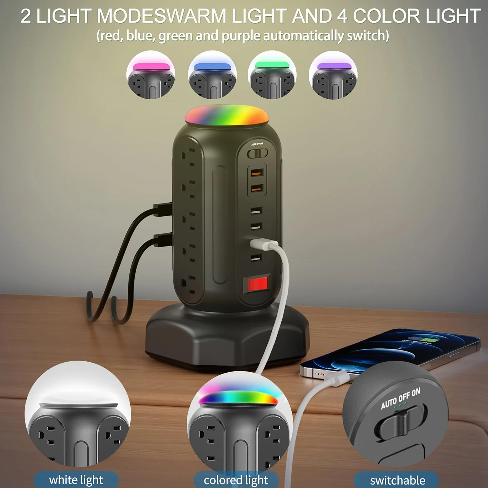 Wieża zasilająca z kolorową lampką nocną, 15 gniazd, 6 portów USB, ochrona przeciwprzepięciowa z szybką ładowarką USB i przedłużaczem o długości 6,5 m, ochrona przed przepięciami