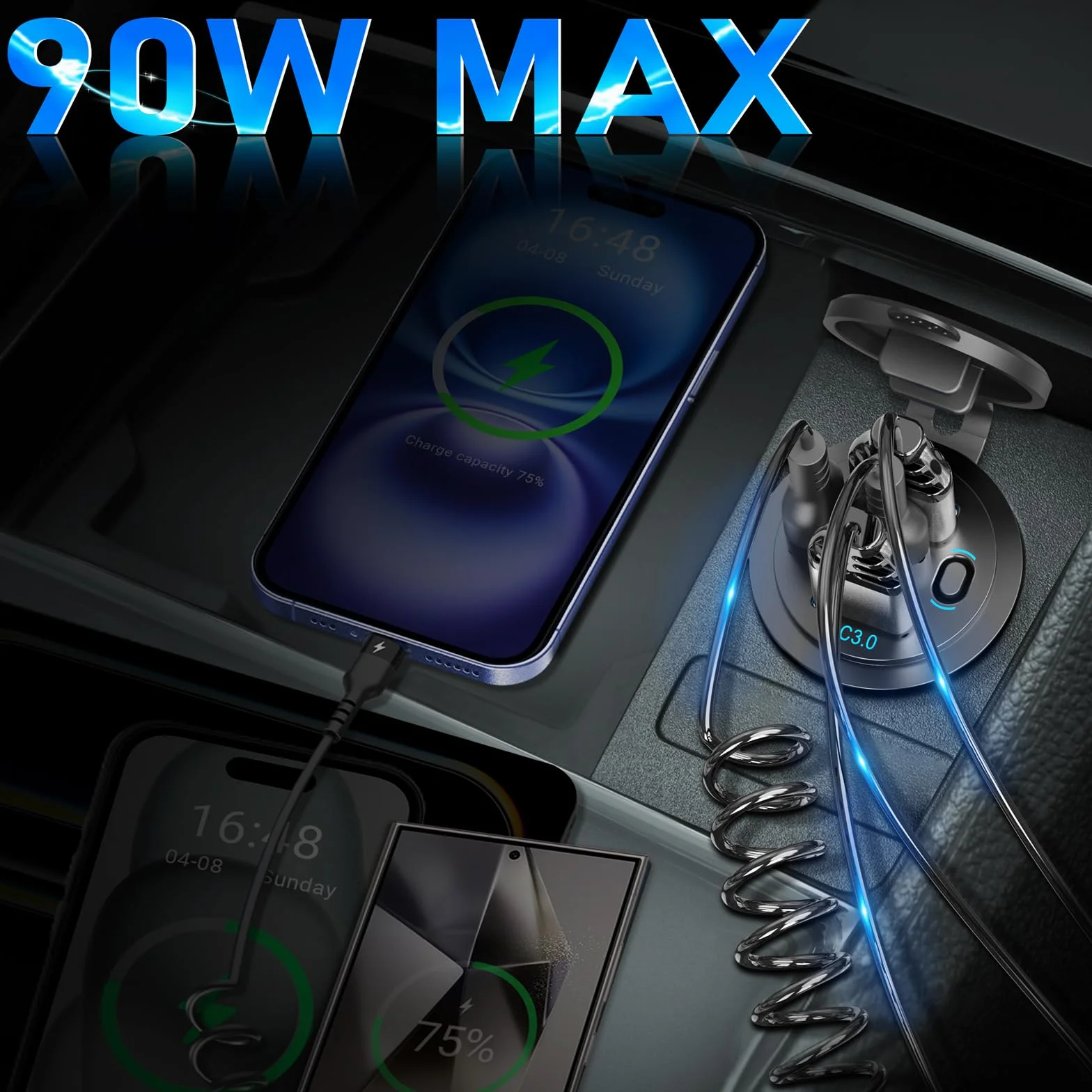12V USB C Outlet 90W 4 Ports Car Charger Socket, Dual PD 36W i Dual QC 18W Car USB Port 12V Ładowarka z przełącznikiem przyciskowym i kablem C do C, nadaje się do łodzi morskiej autobusowej ciężarówki
