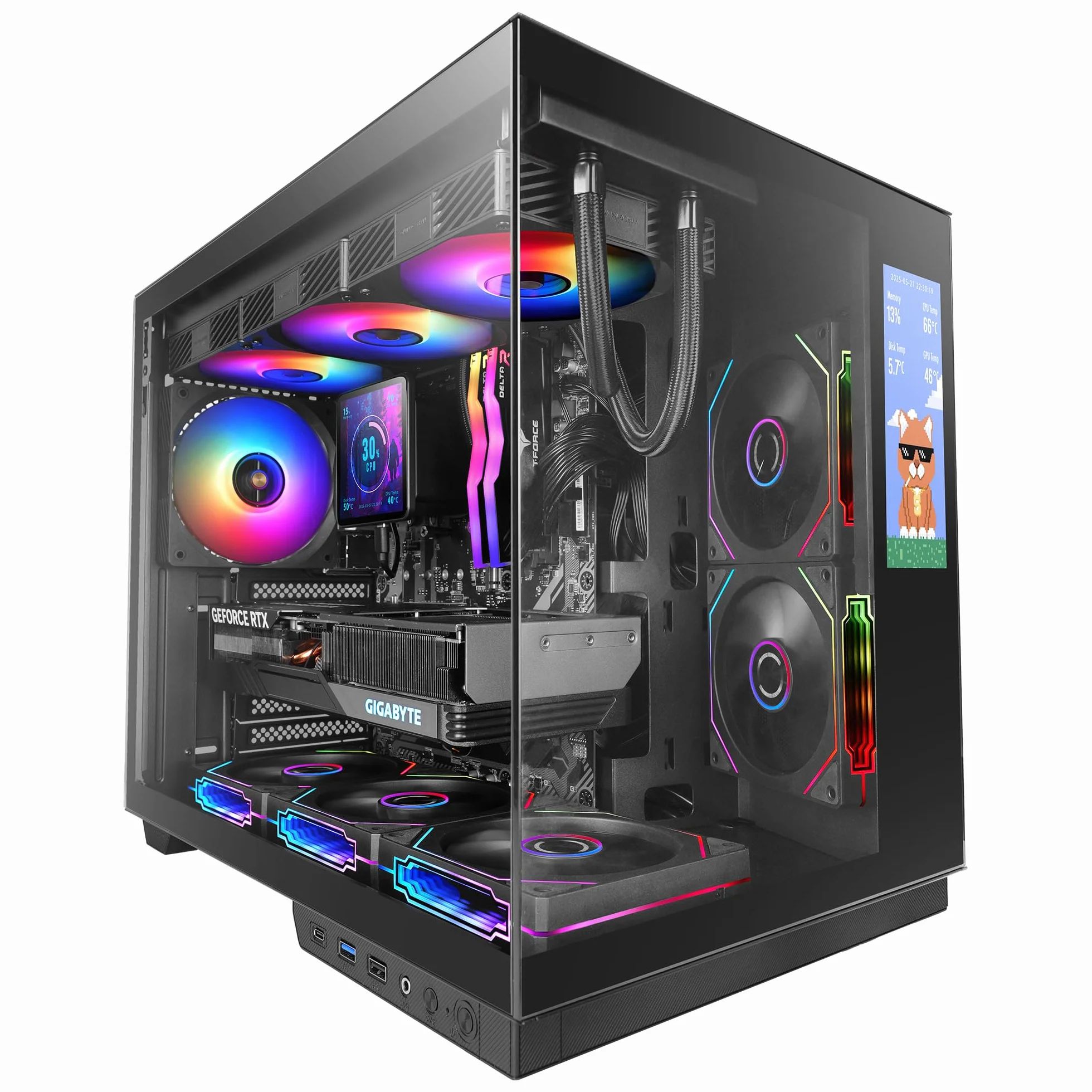 Mars Gaming MC-MIRAGE, Obudowa Gamingowa ATX, Ekran LCD IPS 7,2” Personalizowany, Ciągły Szkło Hartowane Przedni i Boczny Panel, Struktura Podwójnej Komory, Wsparcie Chłodzenia Cieczą 360mm, Czarny