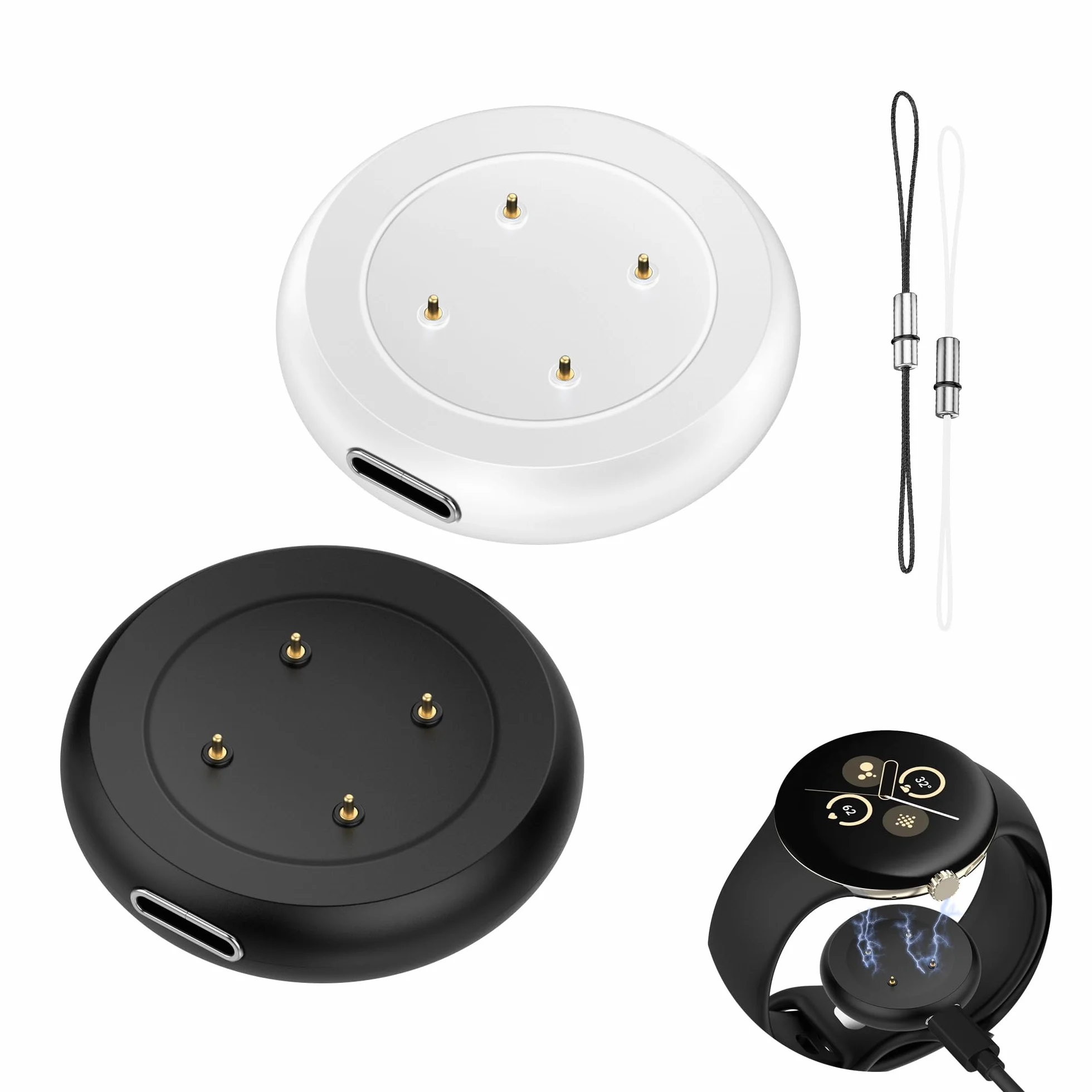 2 Częściowy Adapter USB C Kompatybilny z Google Pixel Watch 3/Pixel 2/Fit-bit Versa 3/Versa 4/Sense 2/Sense/Ace LTE Kablem, Wzmocniona ładowarka Magnetyczna i Odporna na Zużycie-Czarny/Biały