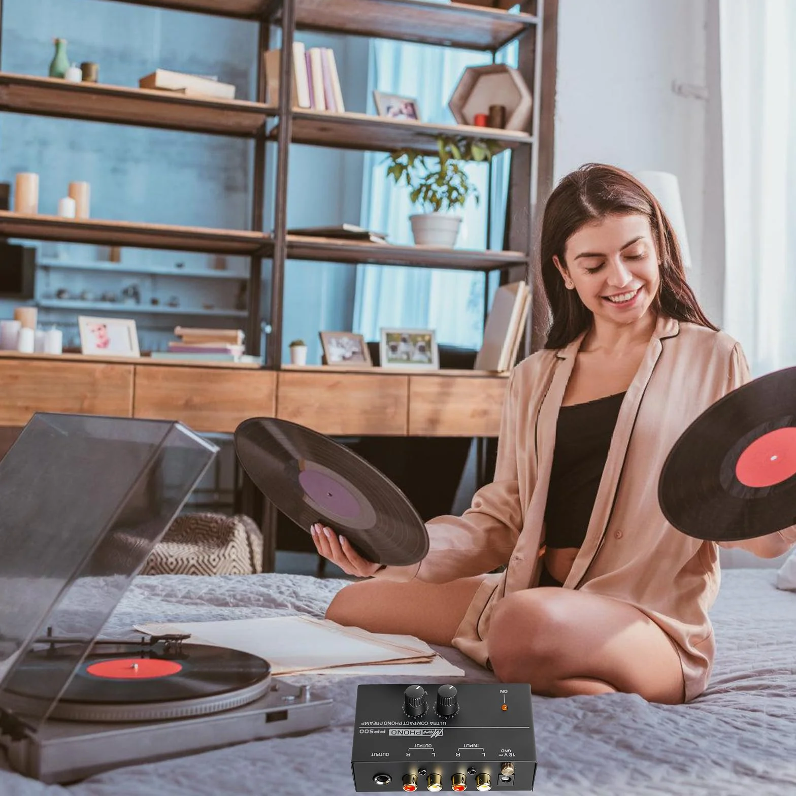 Phono przedwzmacniacz gramofonu, gramofon, czarny wzmacniacz stereo z systemami skanowania MM, Phono Preamp do gramofonu, wzmacniacz stereo z poziomem, wejście i wyjście RCA