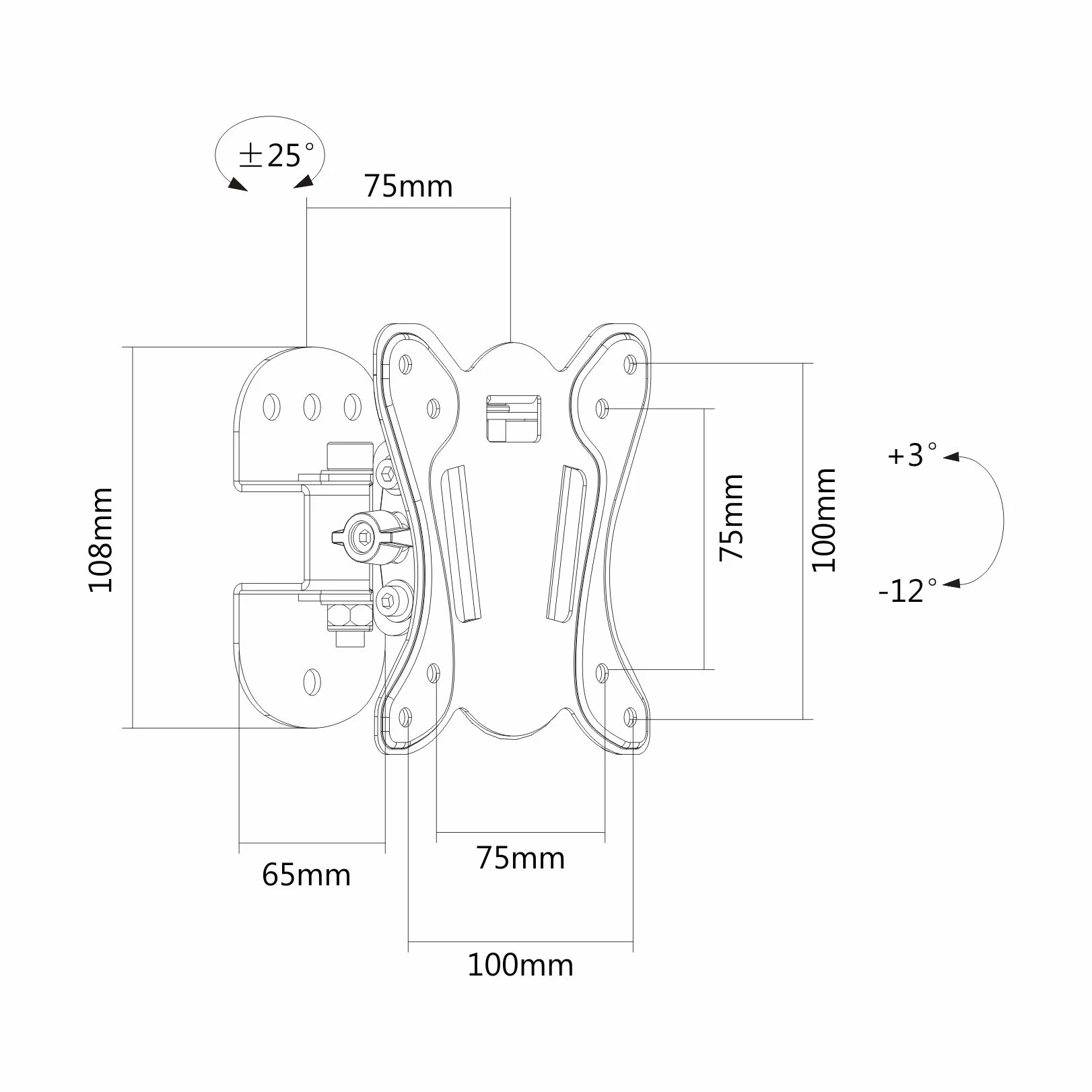PureMounts® UchwytTV, Vesa 100x100, odległość od ściany: 7,5 cm, nośność 25 kg, wychylny 3°/-12°, obrotowy 25°/-25°, czarny