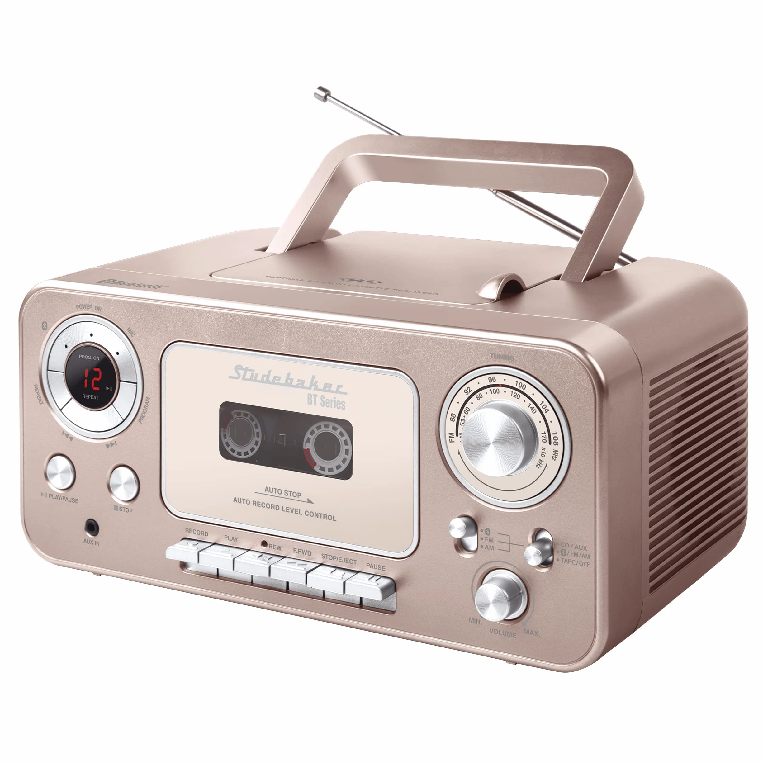 Przenośny odtwarzacz CD stereo z Bluetooth, radiem stereo AM/FM i odtwarzaczem kasetowym/nagrywarką (różowe i złote)