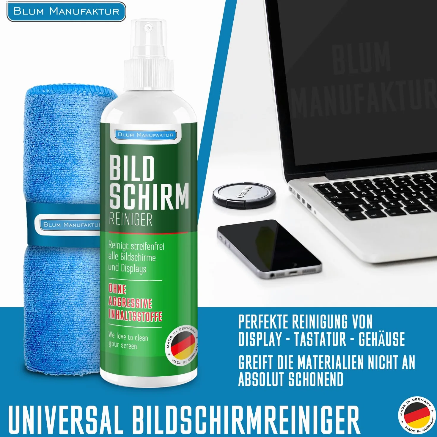 Blum Manufaktur Screen Cleaner 250 ml - środek do czyszczenia ekranów - środek do czyszczenia komputerów - w zestawie ściereczka z mikrofibry 30 x 30 cm - środek do czyszczenia monitorów - Made in Germany