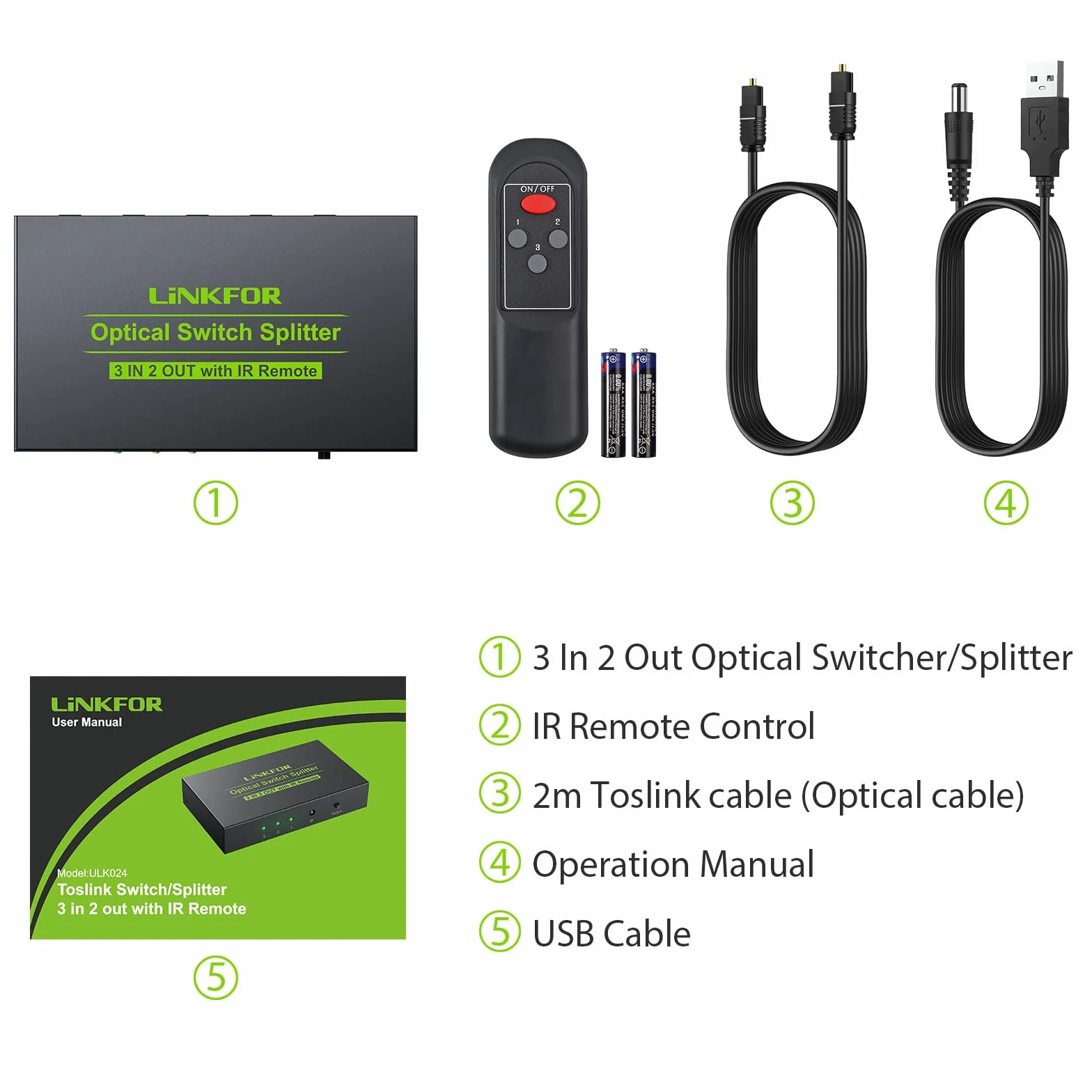 Optyczny przełącznik audio, LiNKFOR 3x2 Toslink SPDIF cyfrowy światłowodowy przełącznik audio z pilotem zdalnego sterowania przełącznik audio LPCM2.0 DTS Dolby-AC3 z kablem optycznym