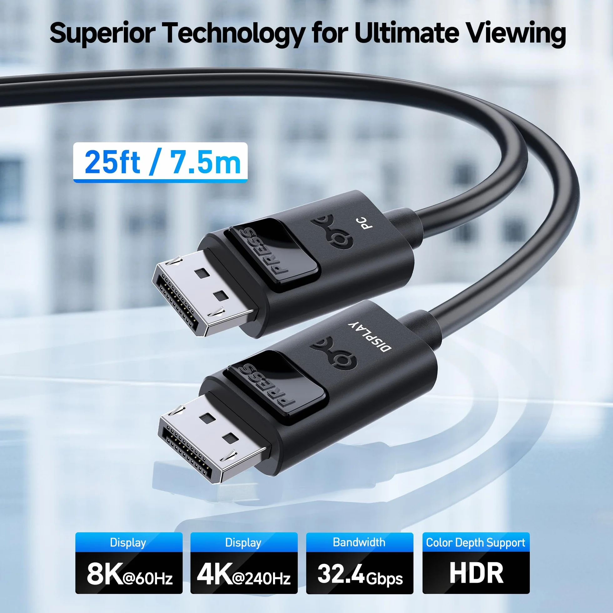 Cable Matters Aktywny Kabel DisplayPort 1.4 32,4 Gbps, 7,5 m | Jednokierunkowy, 8K@60Hz / 4K@240Hz, HDR, do monitora gamingowego i komputera PC z kartami graficznymi RTX/RX